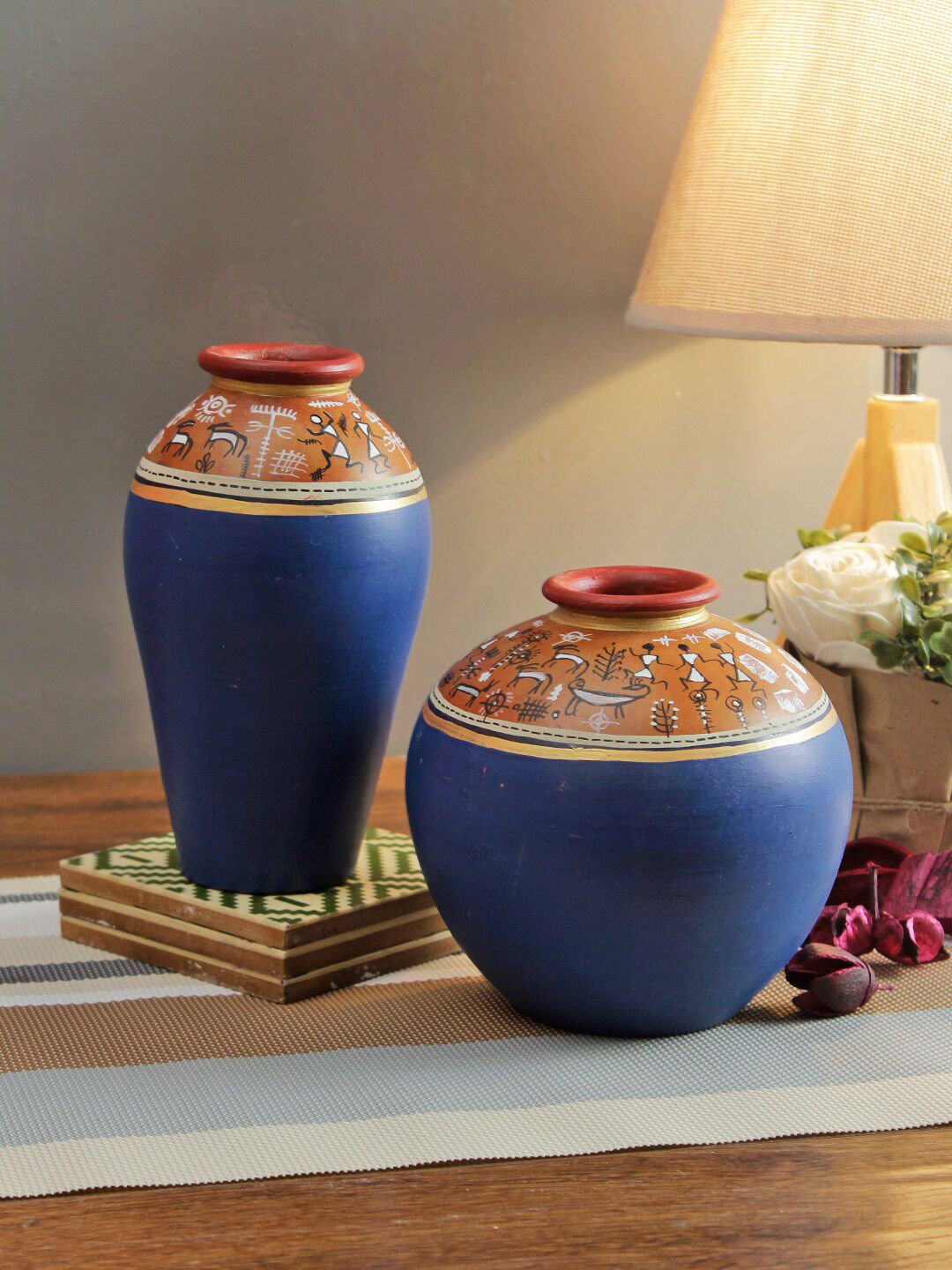 Aapno Rajasthan Set Of 2 Worli Style Hand-Painted Terracotta Vases Price in India