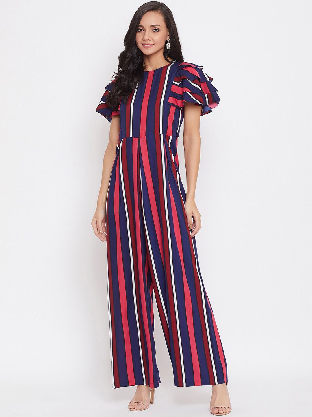 Uptownie Lite Women Pink & Blue Striped Basic Ruffle Jumpsuit Price in India