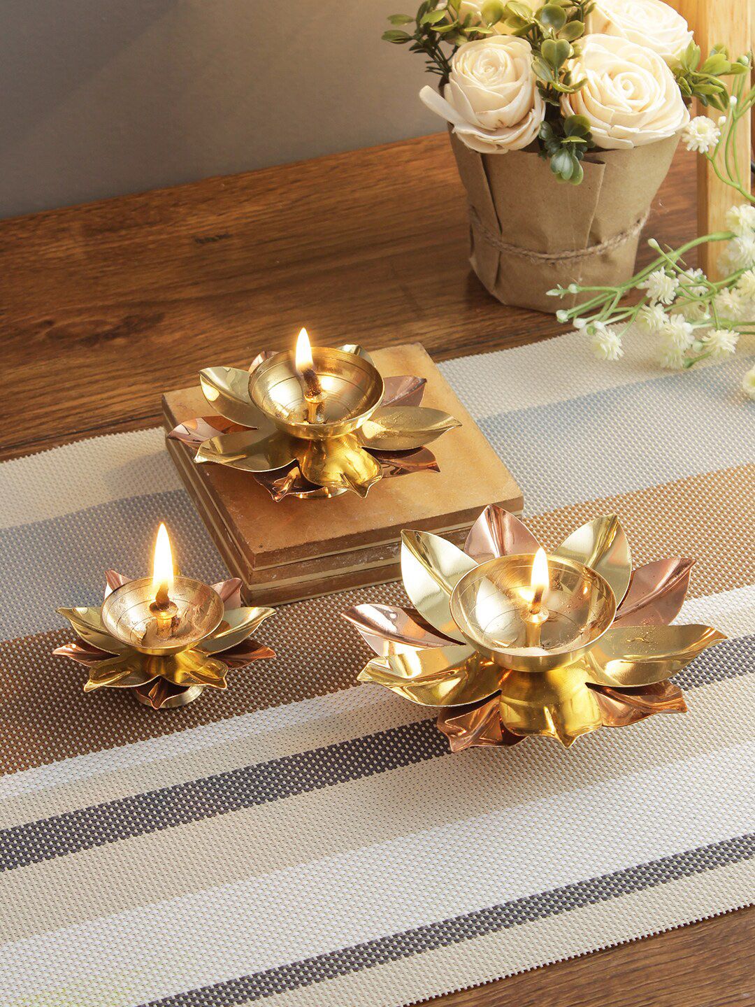 Aapno Rajasthan Set Of 3 Gold-Toned Brass & Copper Dual Tone Diyas Price in India