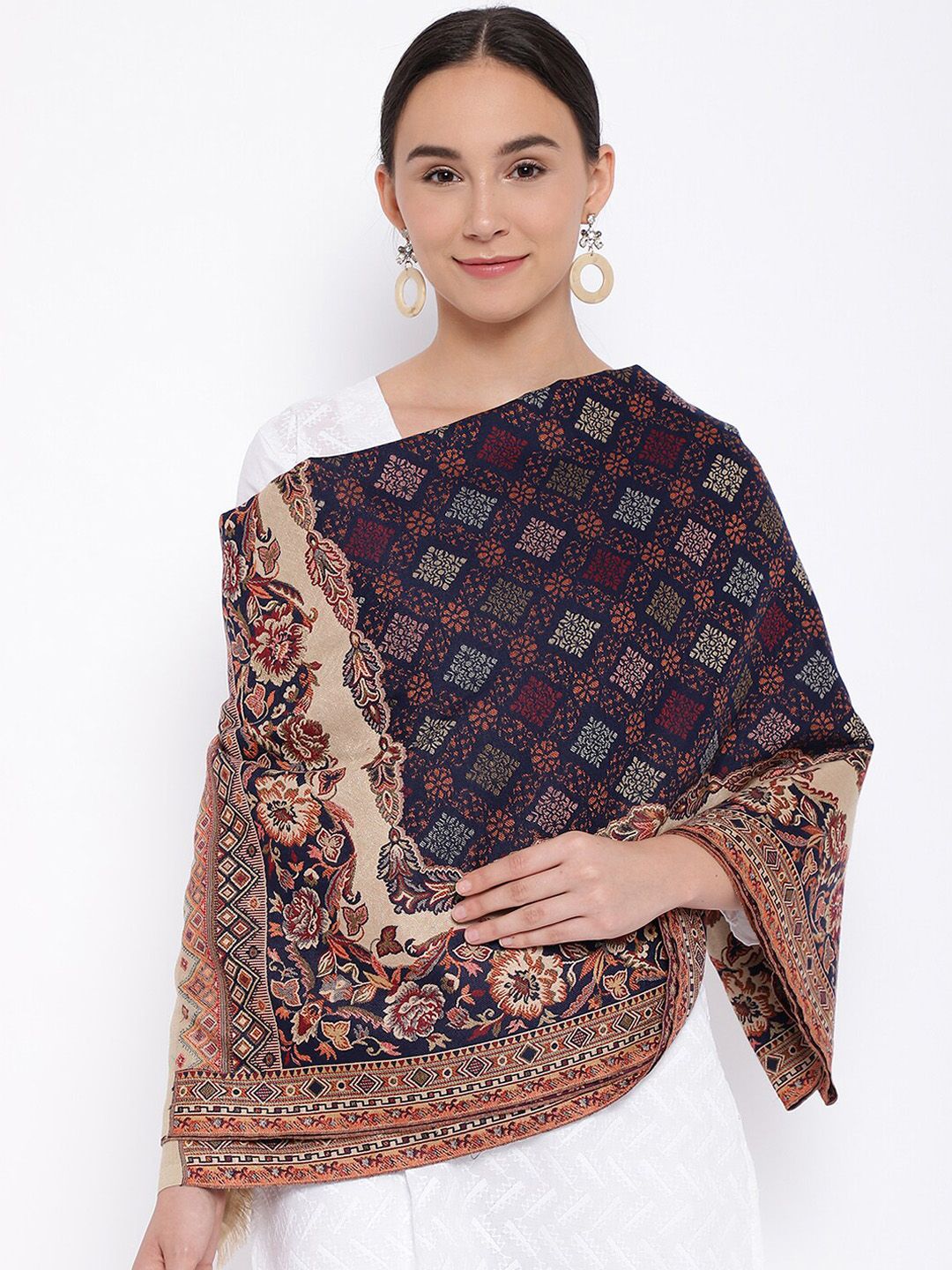 Pashmoda Women Navy Blue & Beige Woven-Design Jamawar Shawl Price in India