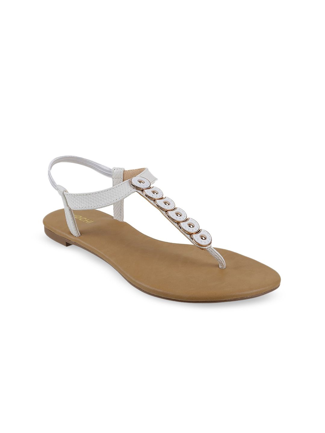 Mochi Women White Embellished T-Strap Flats Price in India