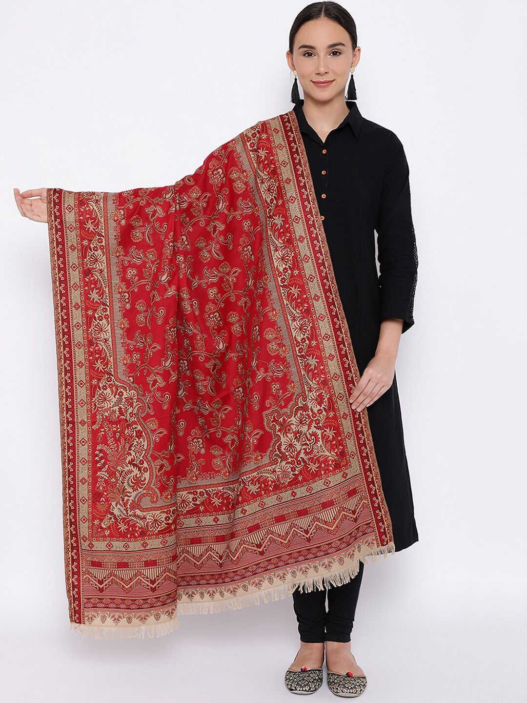 Pashmoda Women Red & Brown Woven-Design Jamawar Shawl Price in India