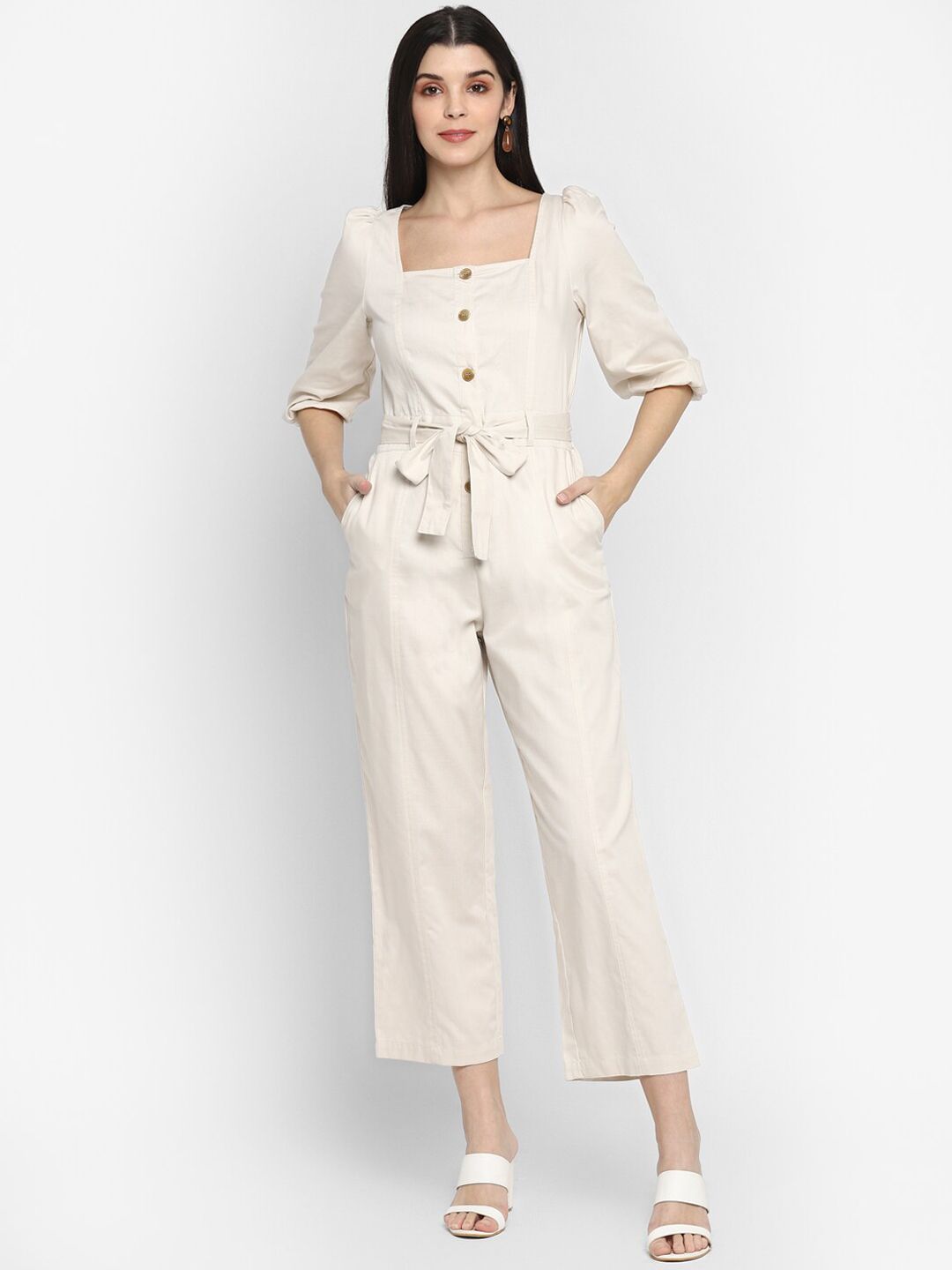 FOSH Women Beige Solid Jumpsuit Price in India