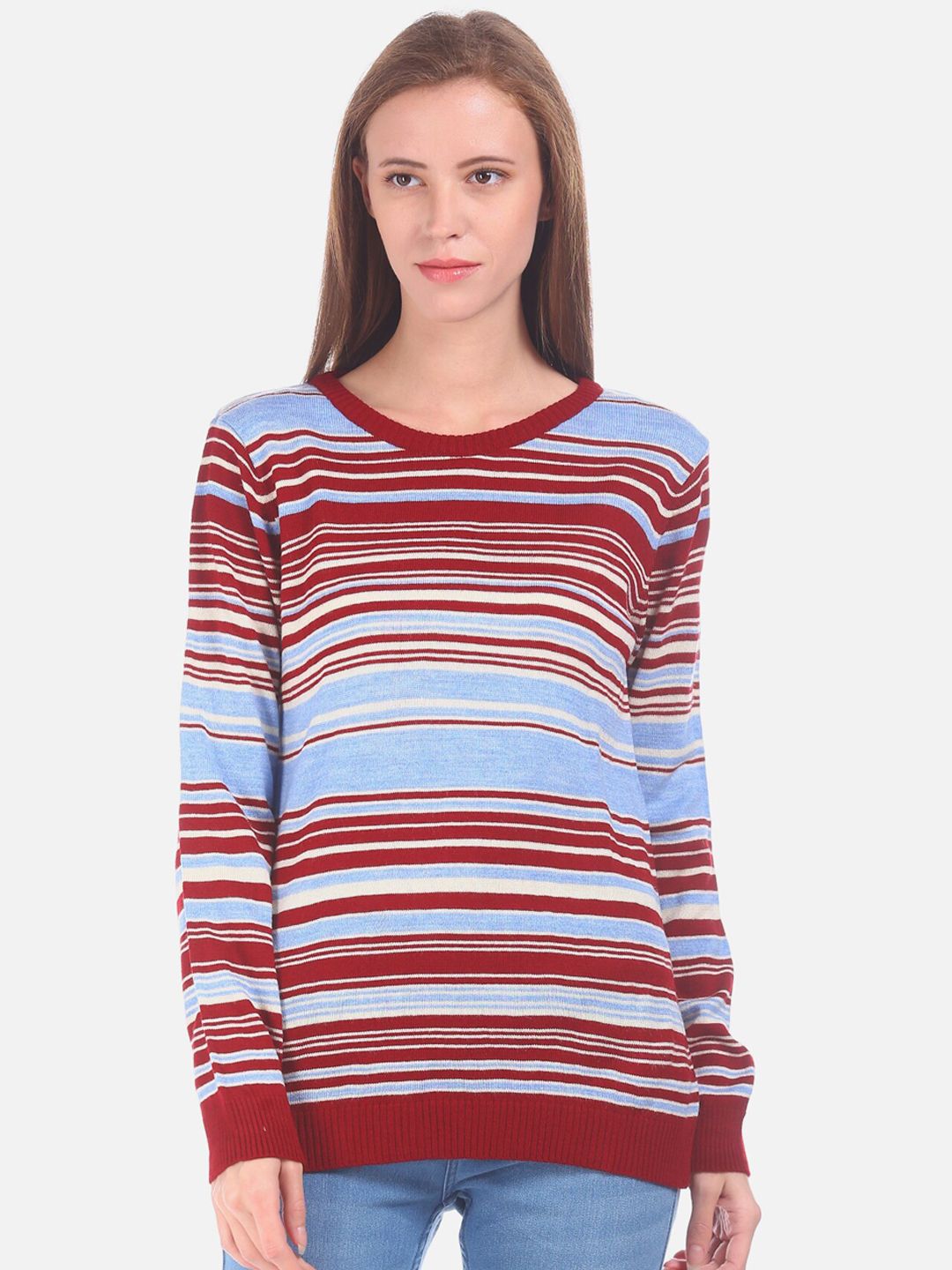 Sugr Women Red & Blue Striped Acrylic Pullover Sweater Price in India