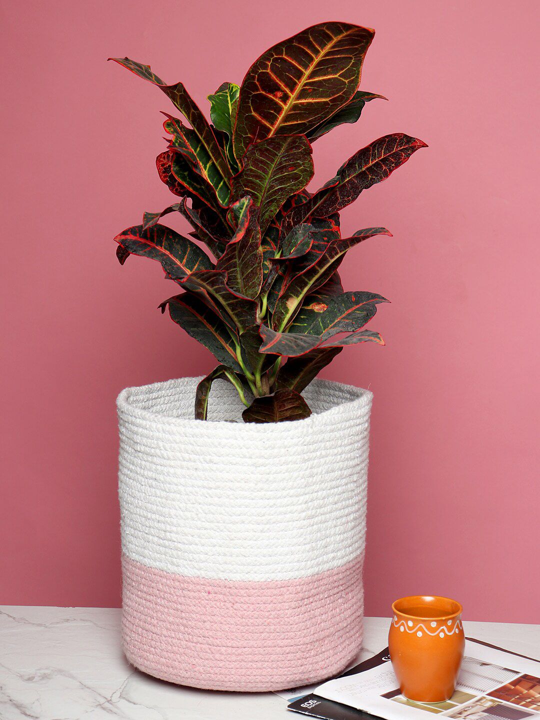 HABERE INDIA Pink & White Colourbloked Woven Jute Handmade Sustainable Planter Price in India