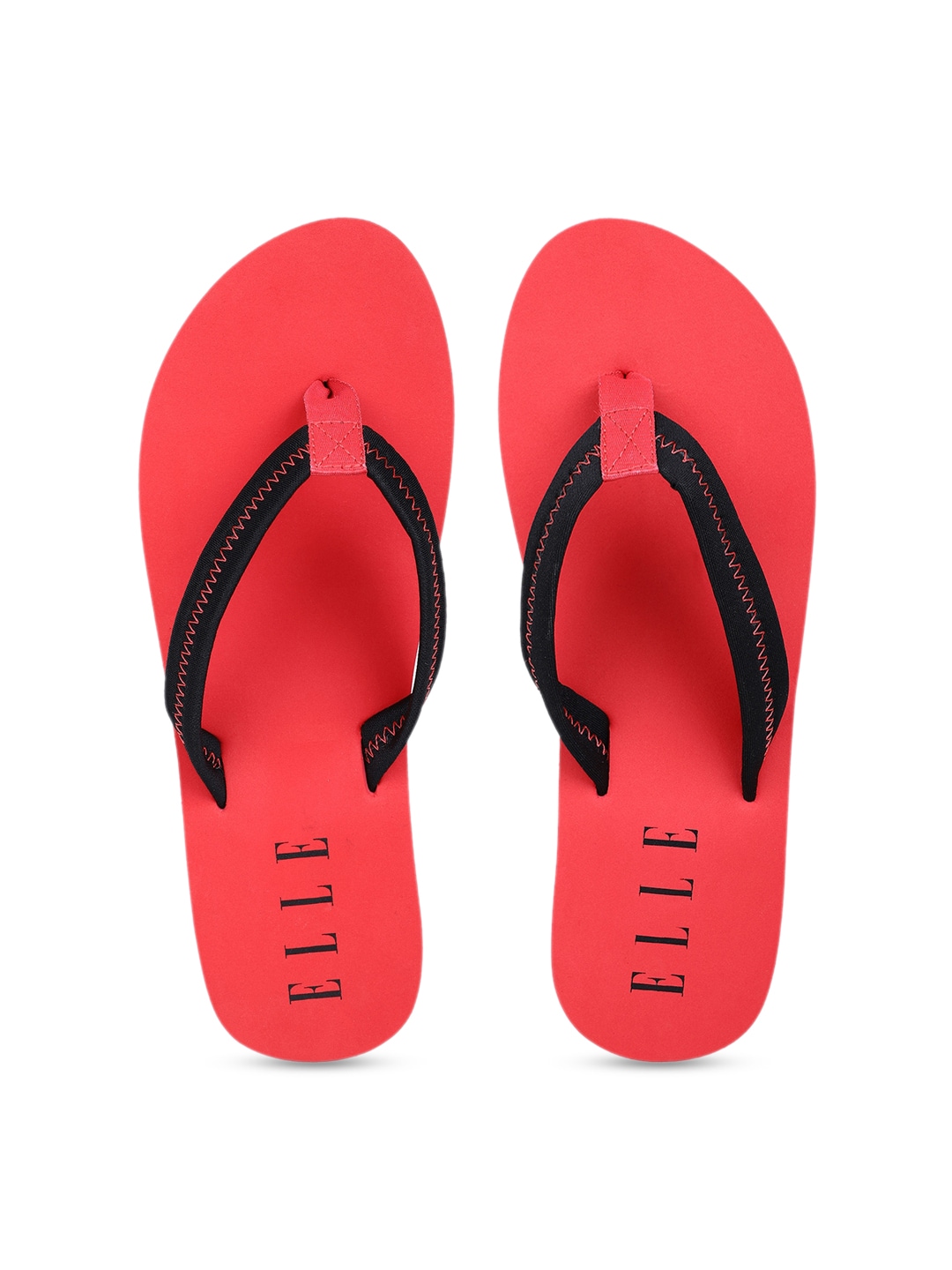 ELLE Women Black & Coral-Red Colourblocked Flip-Flops Price in India