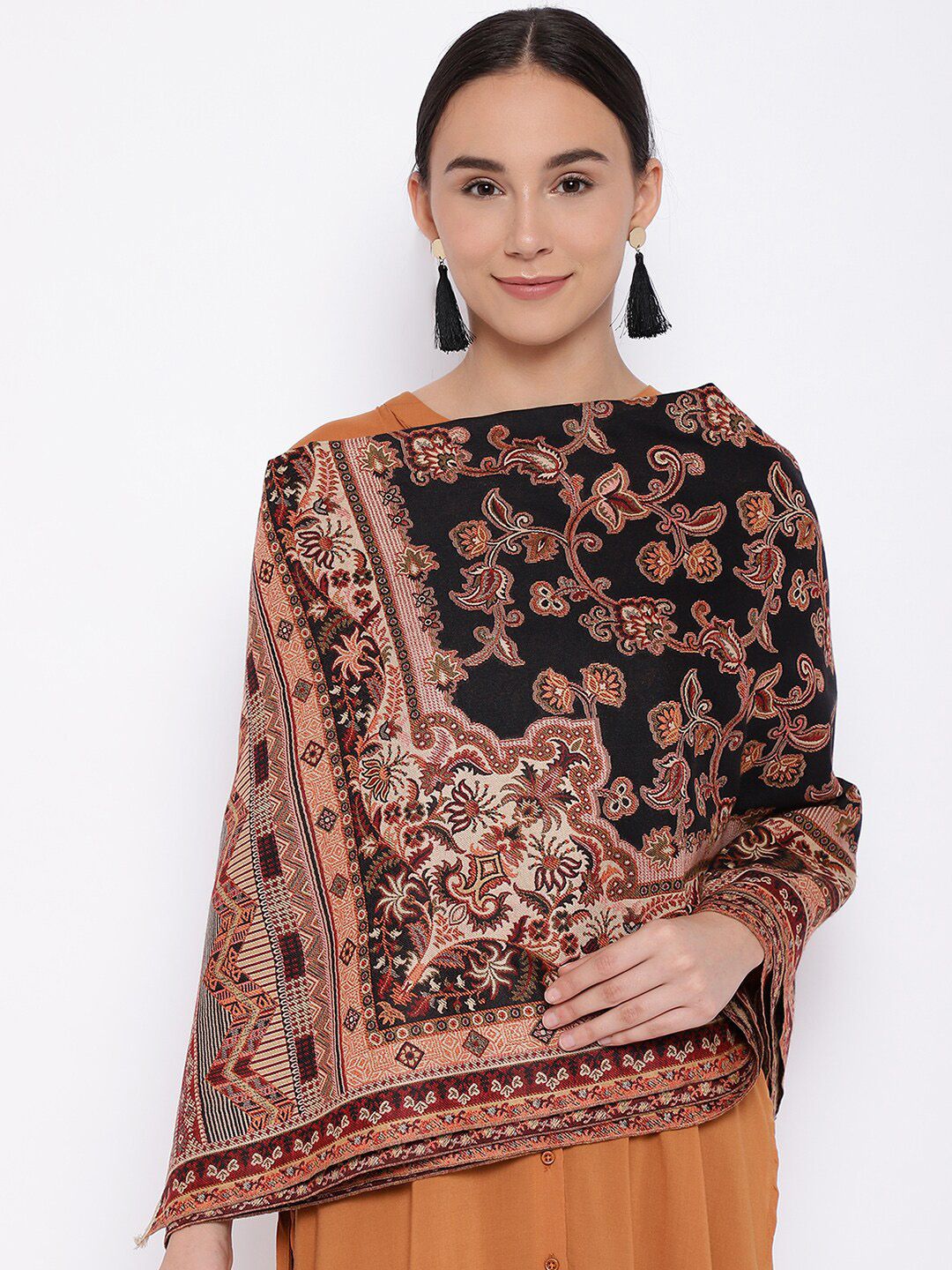 Pashmoda Women Black & Beige Woven Design Pashmina Jamawar Shawl Price in India