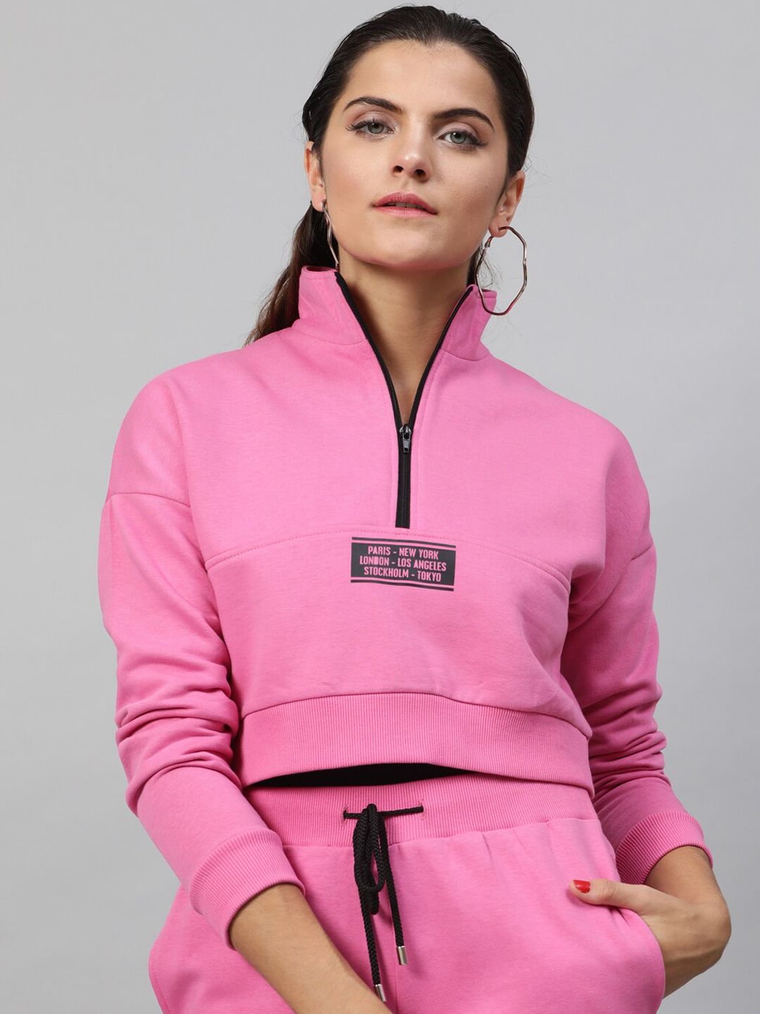 STREET 9 Women Pink Solid Crop Sweatshirt Price in India