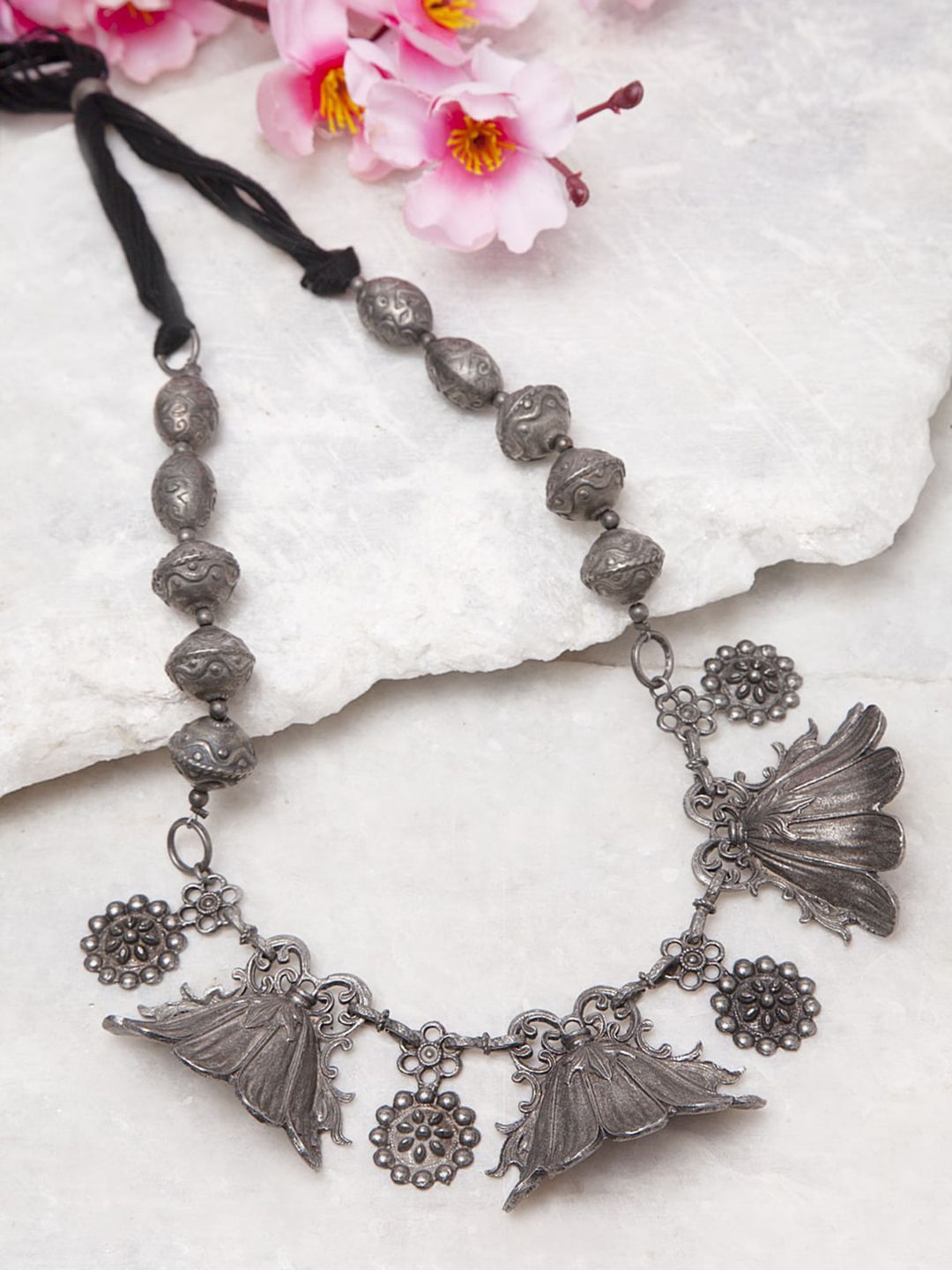 Moedbuille Silver-Toned Floral Tasselled Design Filigree Tribal Temple Oxidised Necklace Price in India