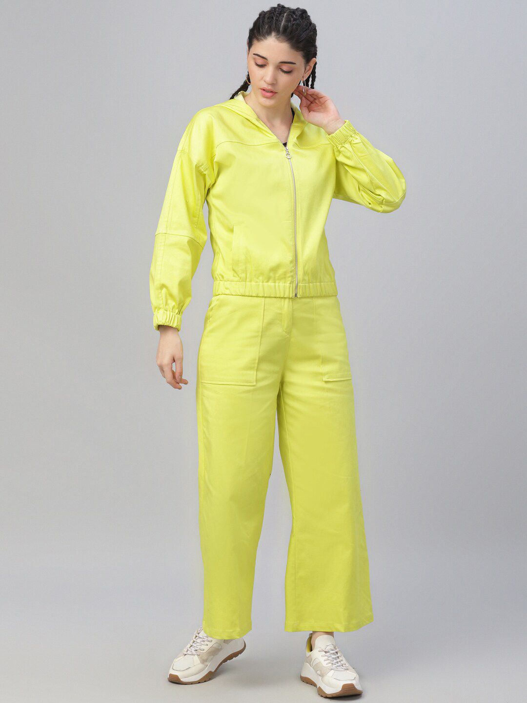 Athena Women Lime Green Solid Hoodie With Trousers