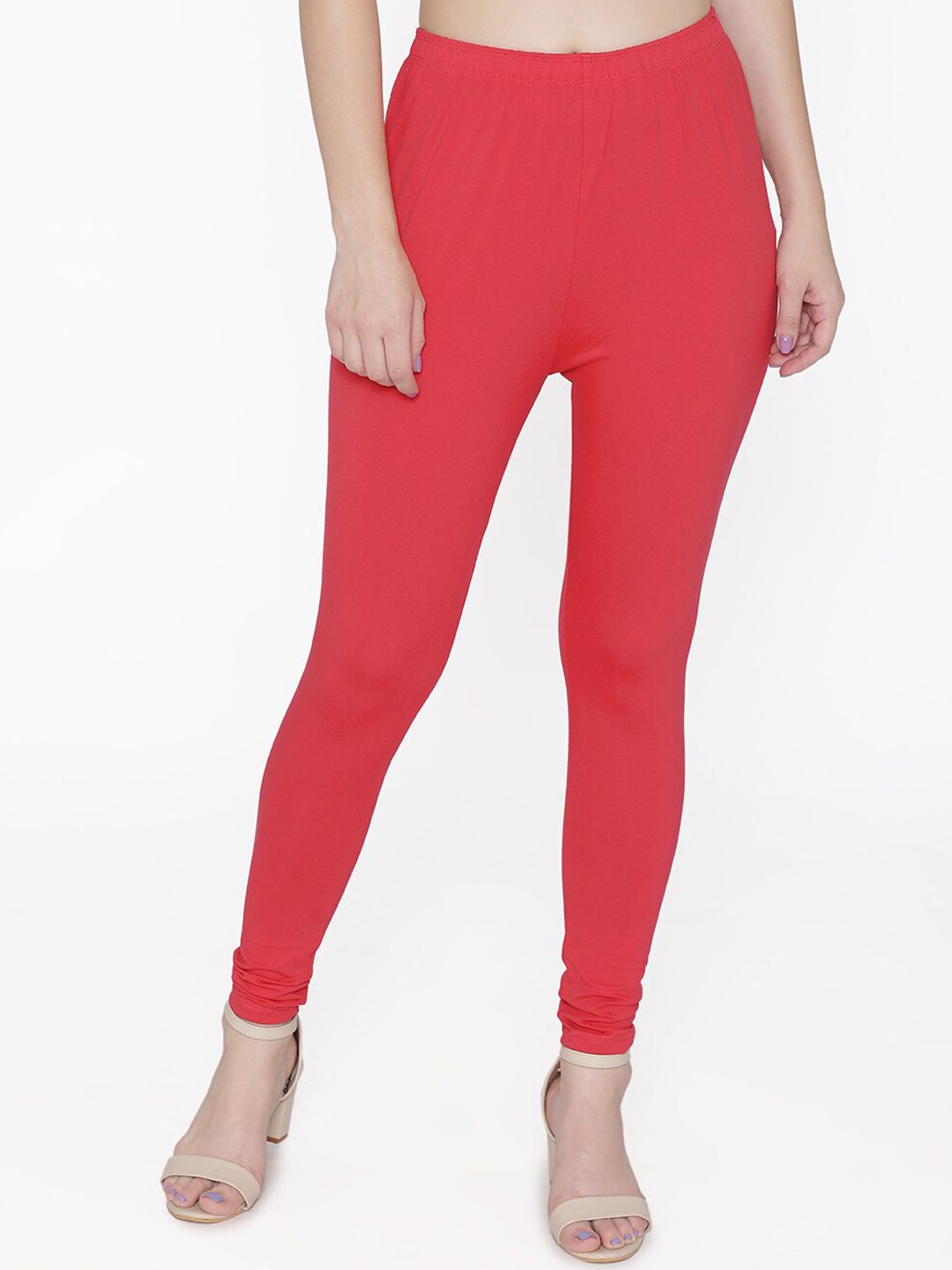 N-Gal Women Red Solid Bio-Washed Ankle-Length Leggings Price in India