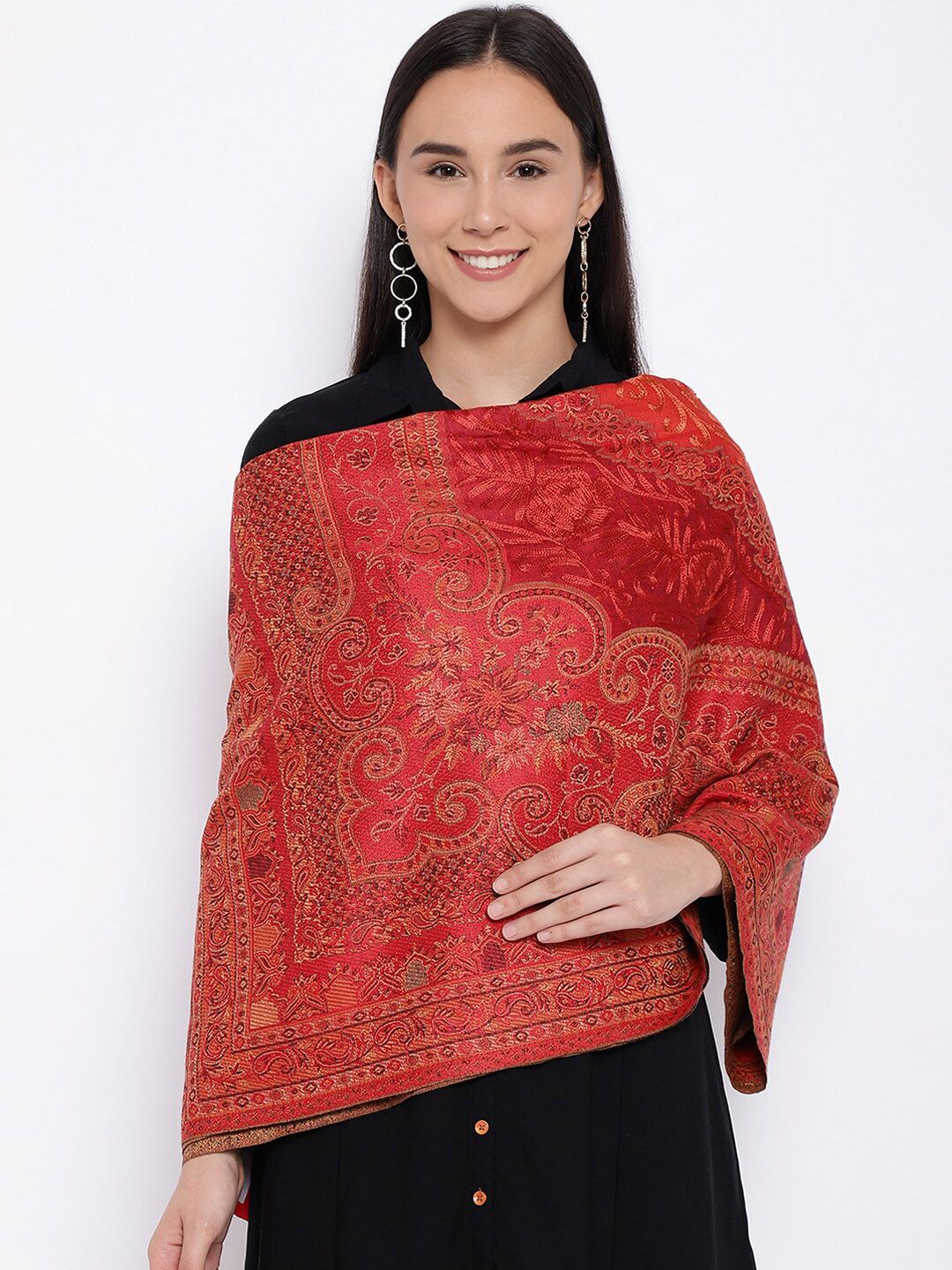 Pashmoda Women Red Aari Embroidered Jamawar Shawl Price in India