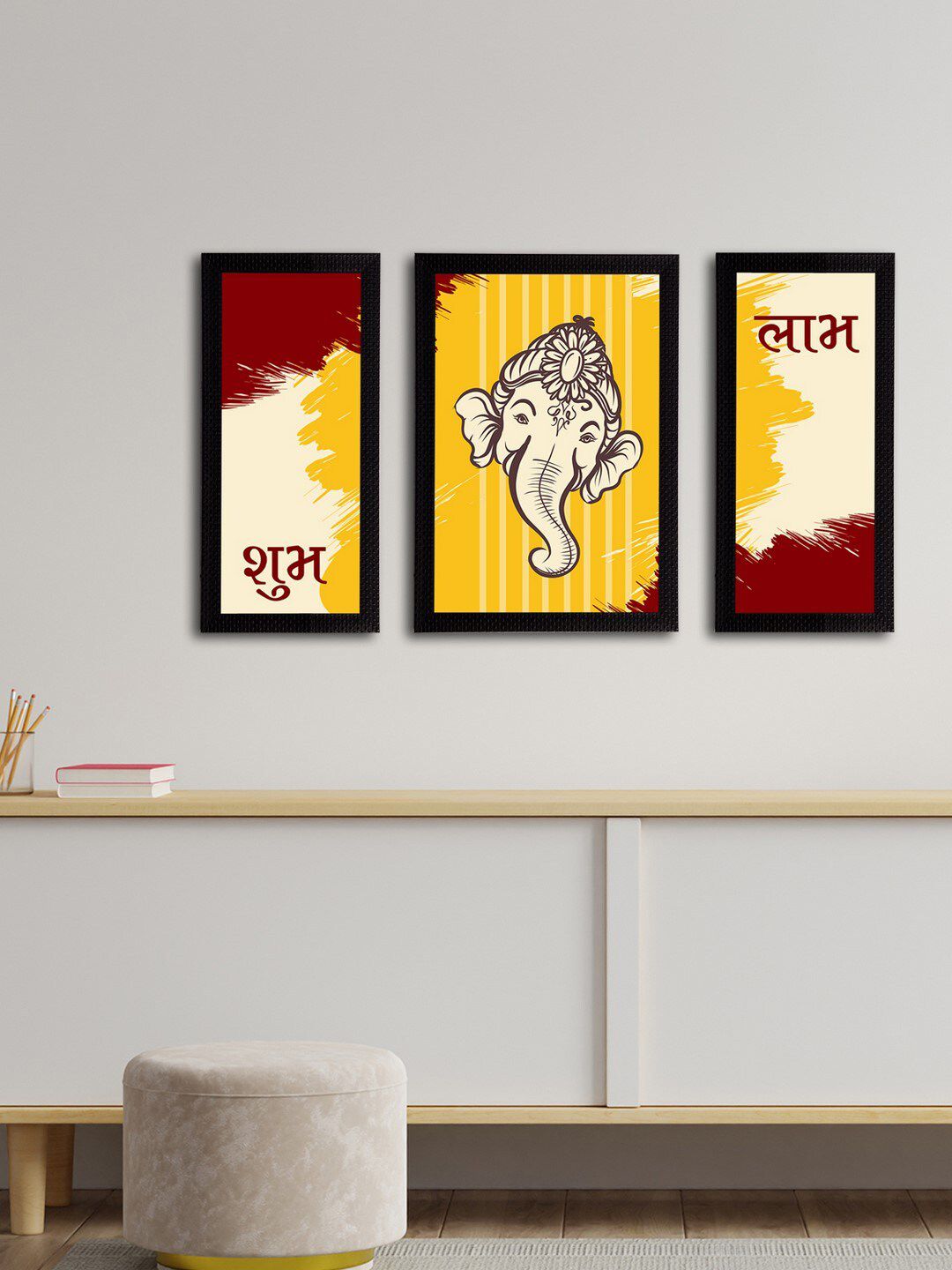 eCraftIndia Set of 3 Yellow & Cream-Coloured Lord Ganesha Satin Matt Texture UV Wall Art Paintings Price in India