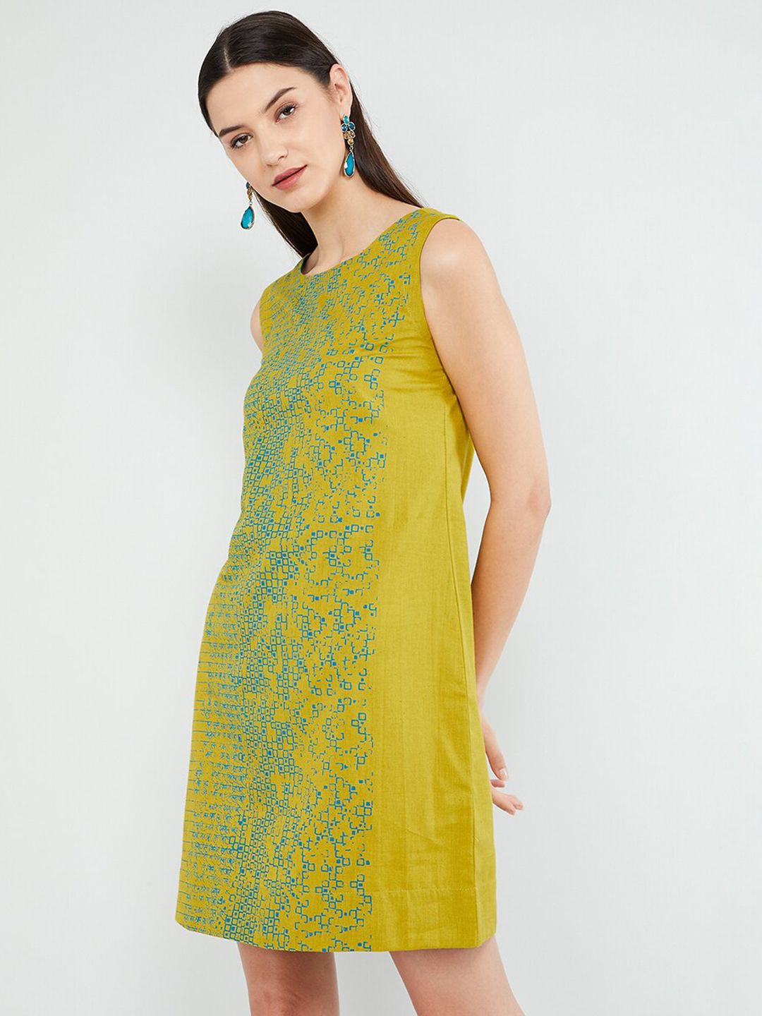 max Women Green & Blue Printed A-Line Dress