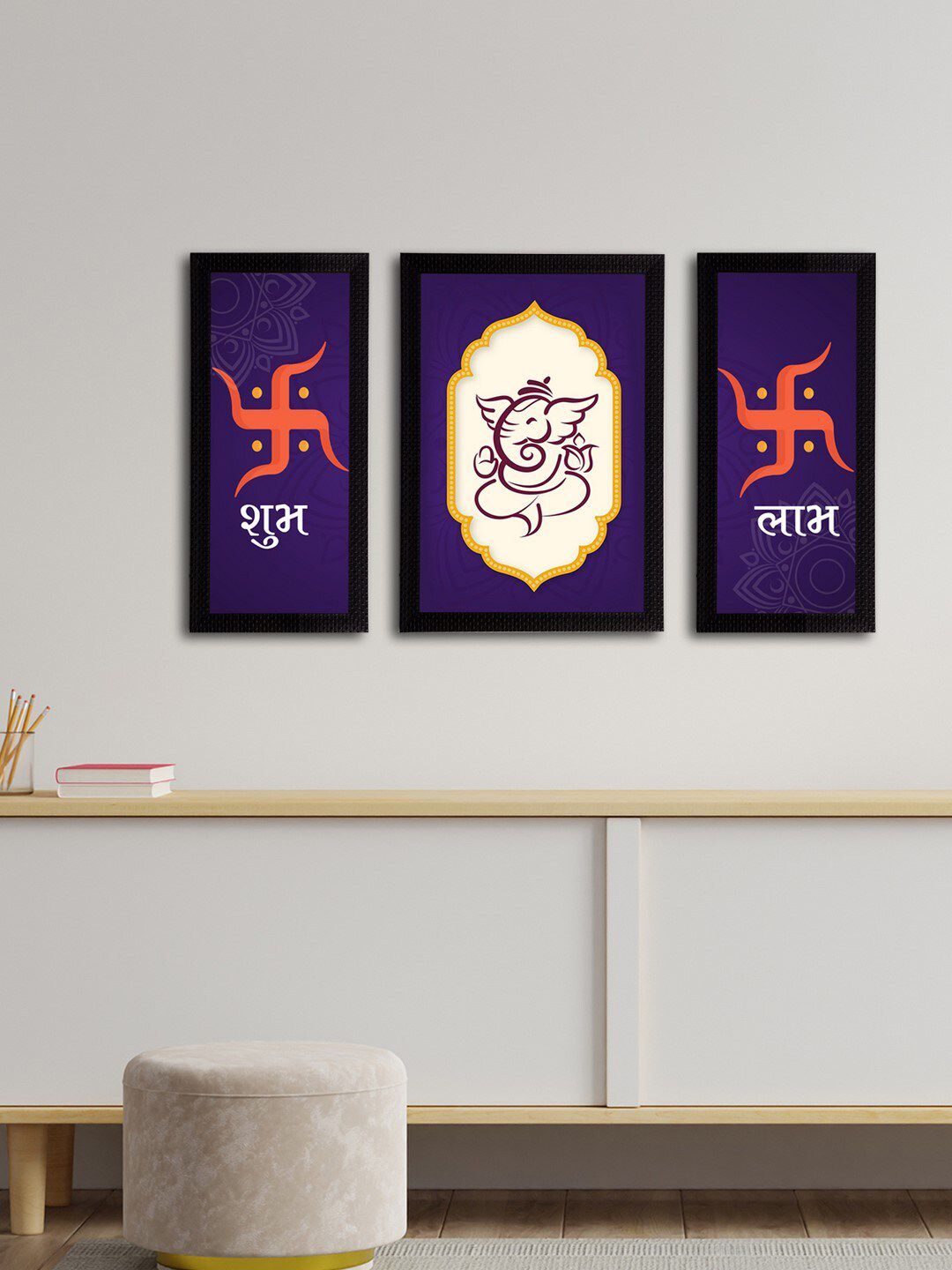 eCraftIndia Set of 3 Violet & Orange Lord Ganesha Satin Matt Textured UV Wall Arts Price in India