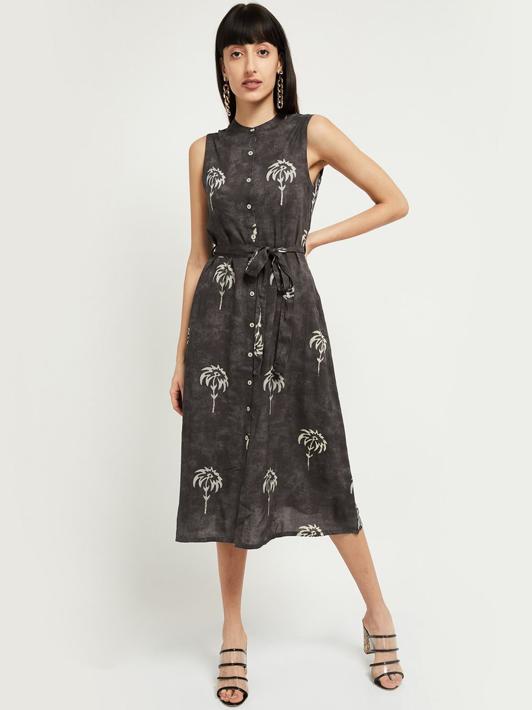 max Women Charcoal Grey Printed A-Line Dress