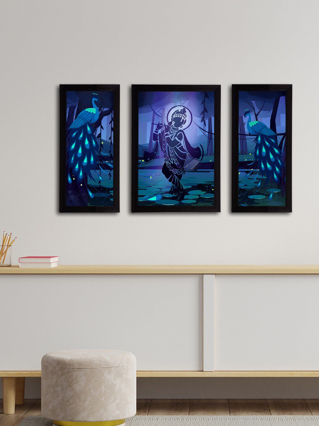 eCraftIndia Set of 3 Blue & Black Lord Krishna Satin Matt Textured UV Wall Arts Price in India