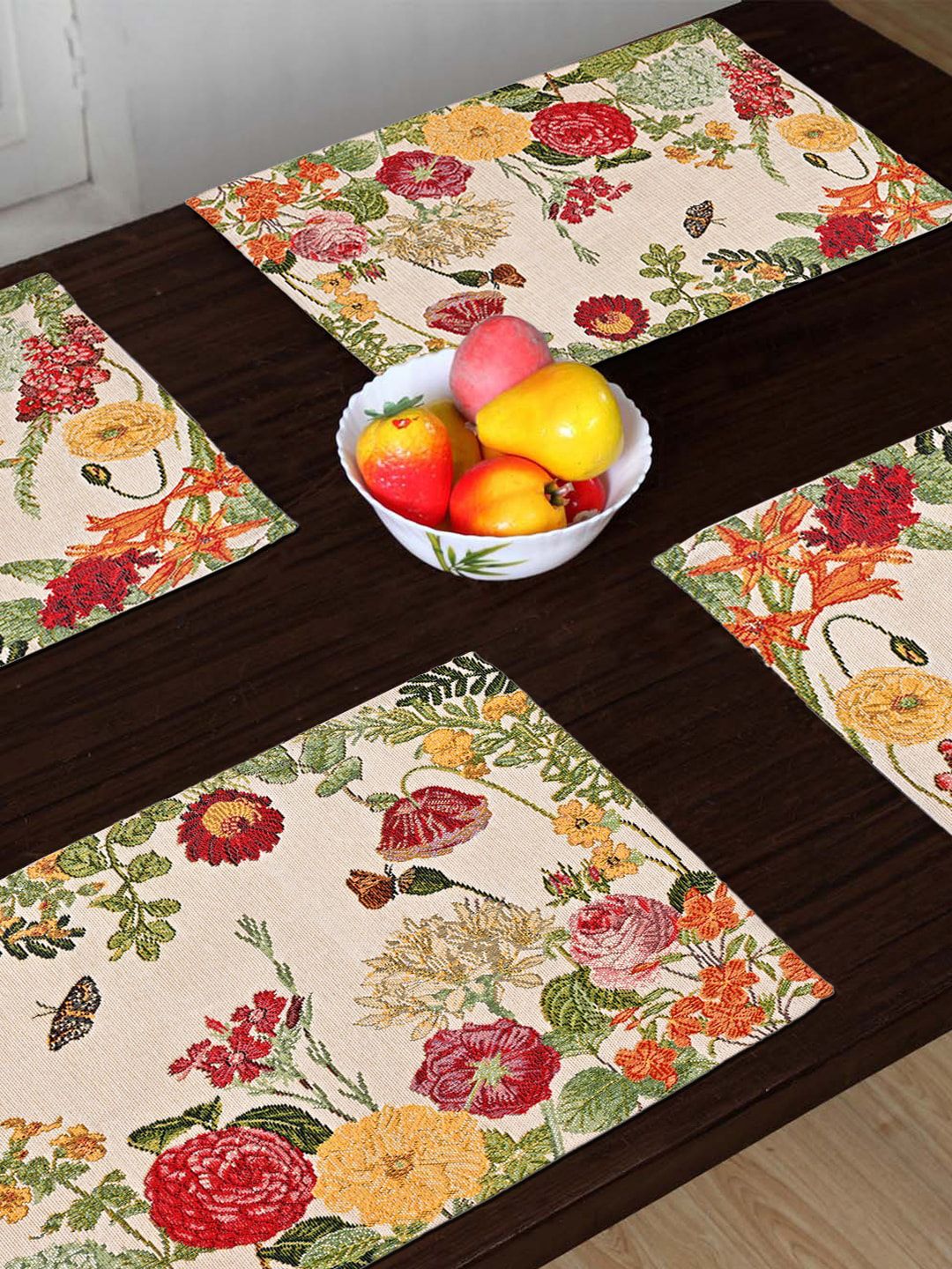 AVI Living Set of 4 Red & Yellow Jaquard Woven Tropical Dining Table Mats Price in India