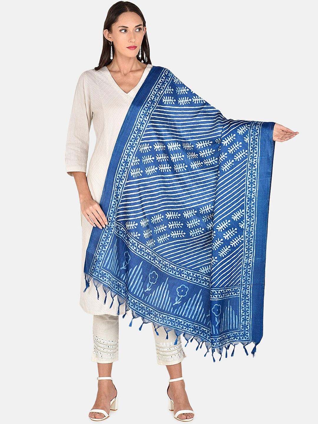 Dupatta Bazaar Blue & White Printed Dupatta Price in India