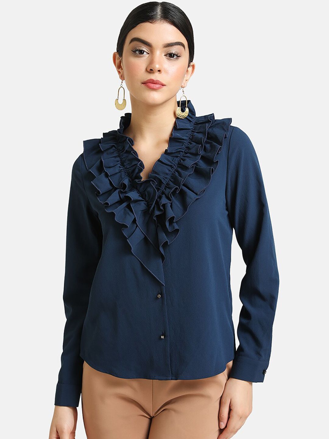 Kazo Women Navy Blue Solid Ruffled Formal Shirt