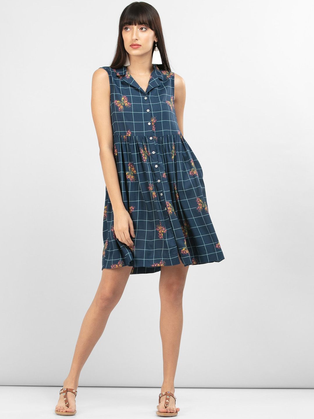 max Women Navy Blue Checked Shirt Dress