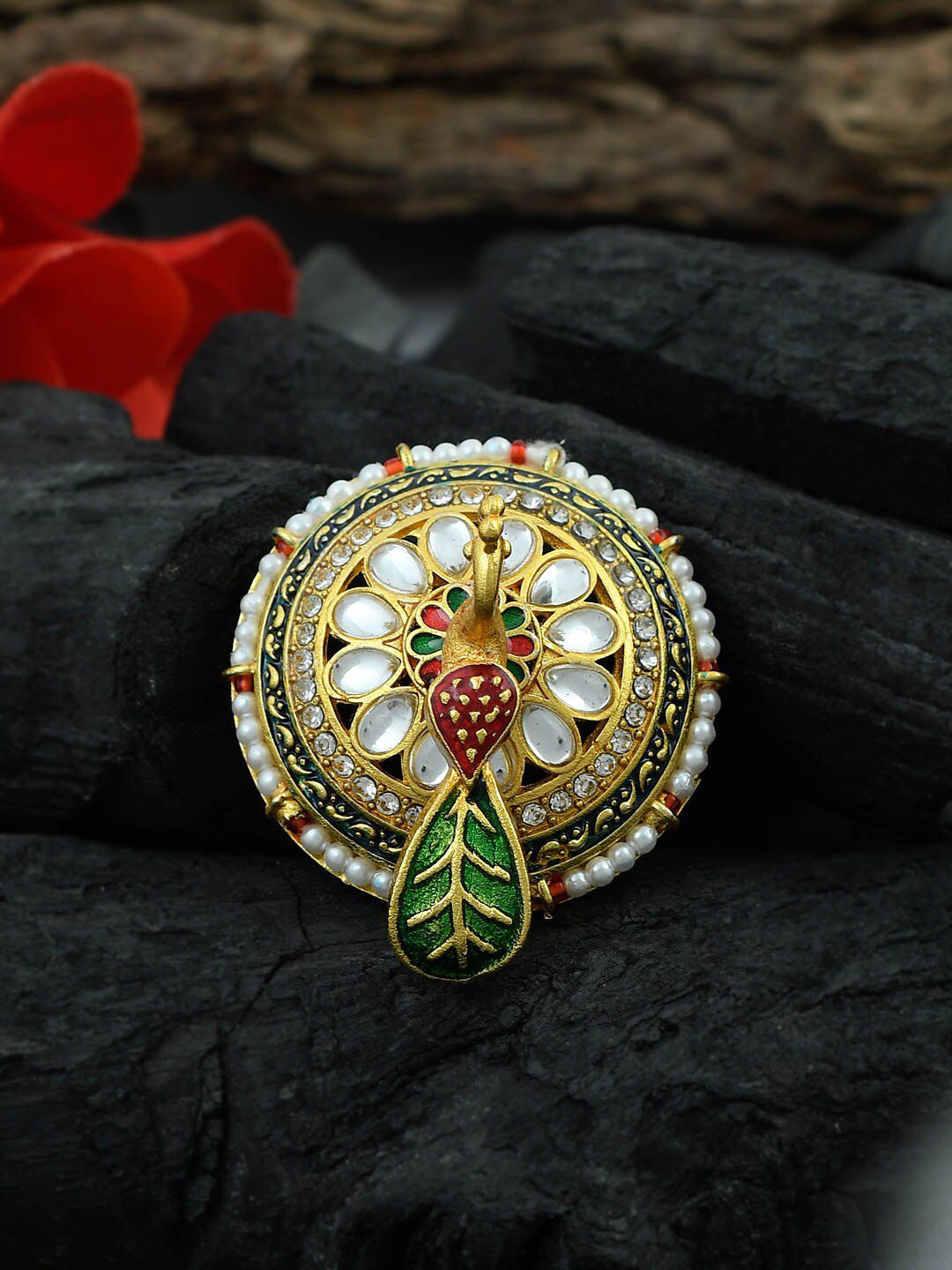 Silvermerc Designs Gold-Plated Green & White Pearl Embellished Meenakari Adjustable Finger Ring Price in India
