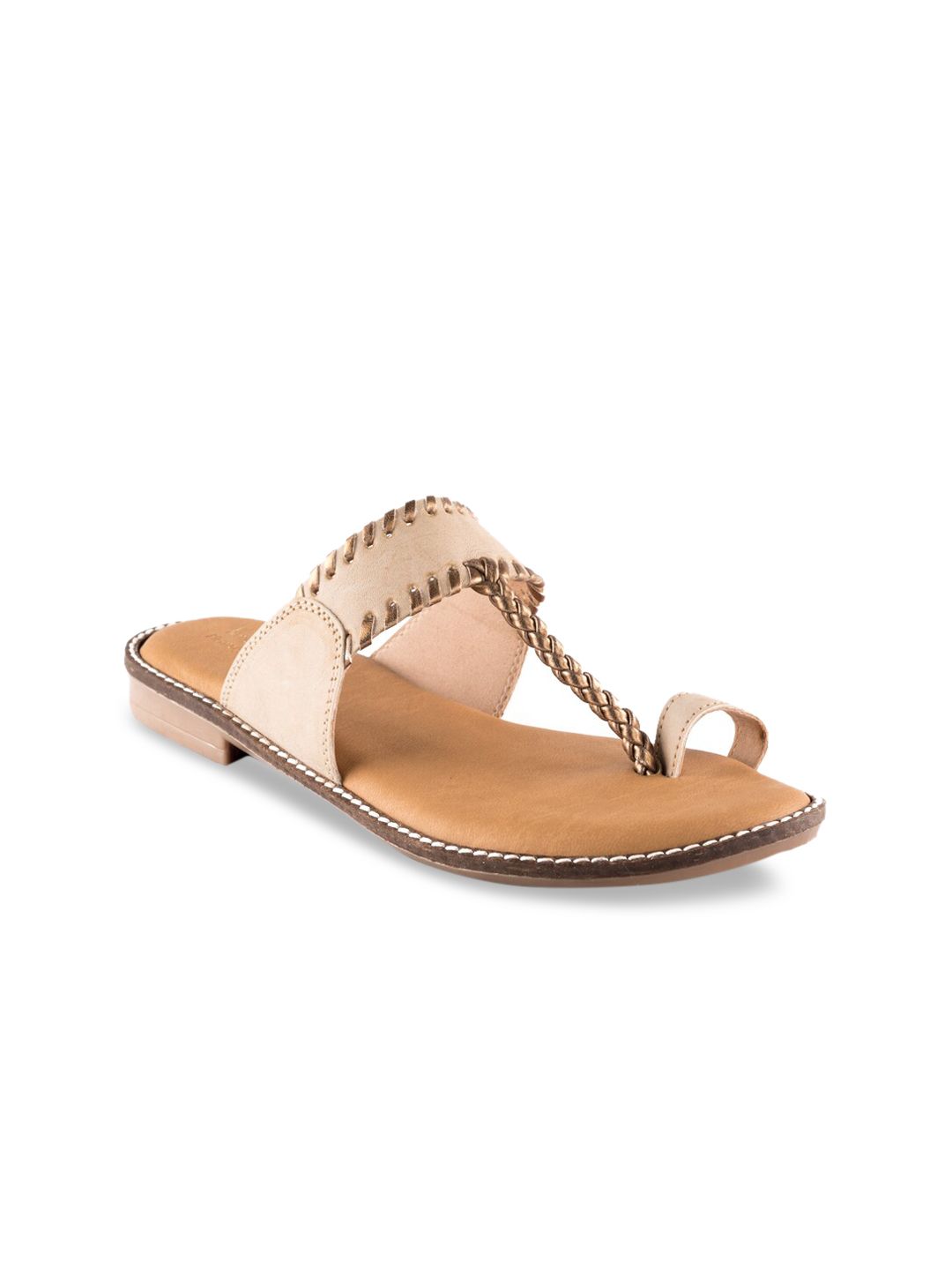 Kraft Cellar Women Beige Woven Design PU T-Strap Flats