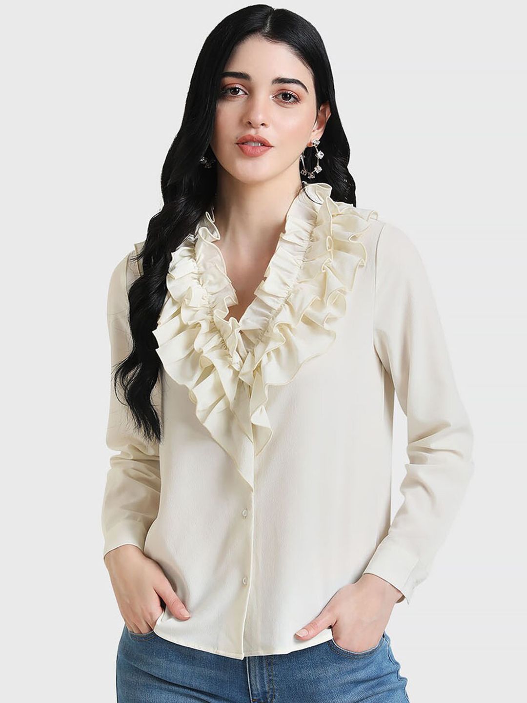 Kazo Women Cream Solid Casual Shirt with Ruffle Detail