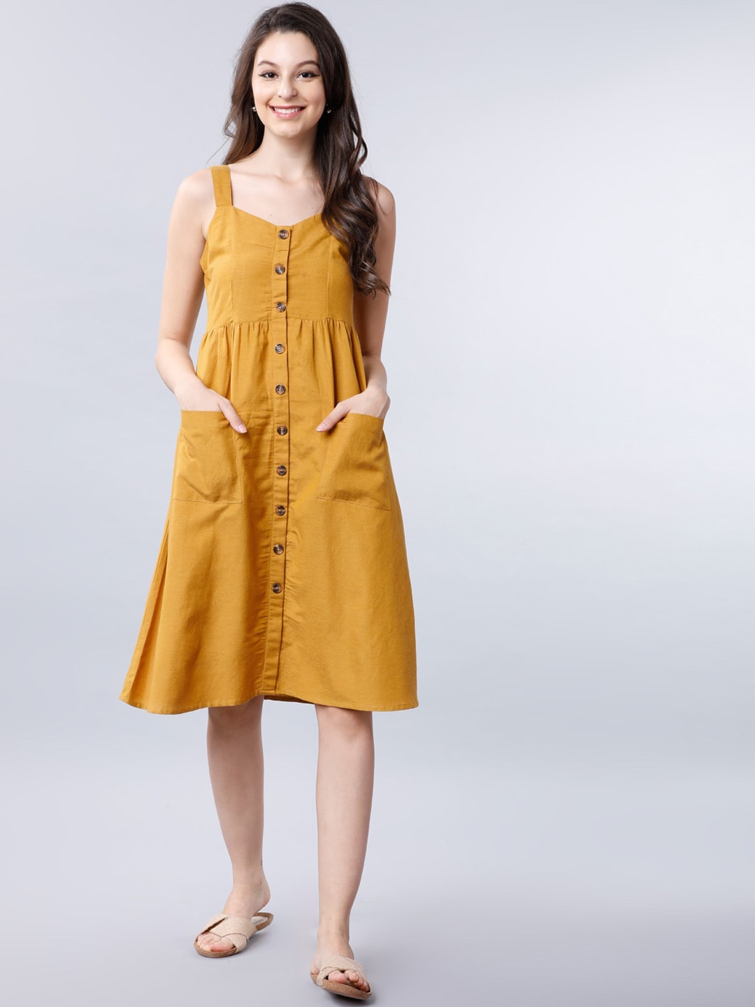 Tokyo Talkies Women Mustard Yellow Solid Fit & Flare Dress Price in India