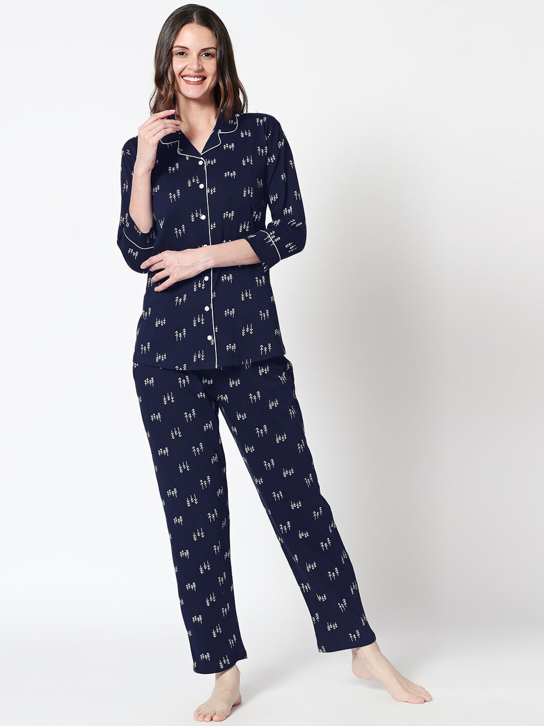 Zeyo Women Navy Blue & White Printed Night suit Price in India