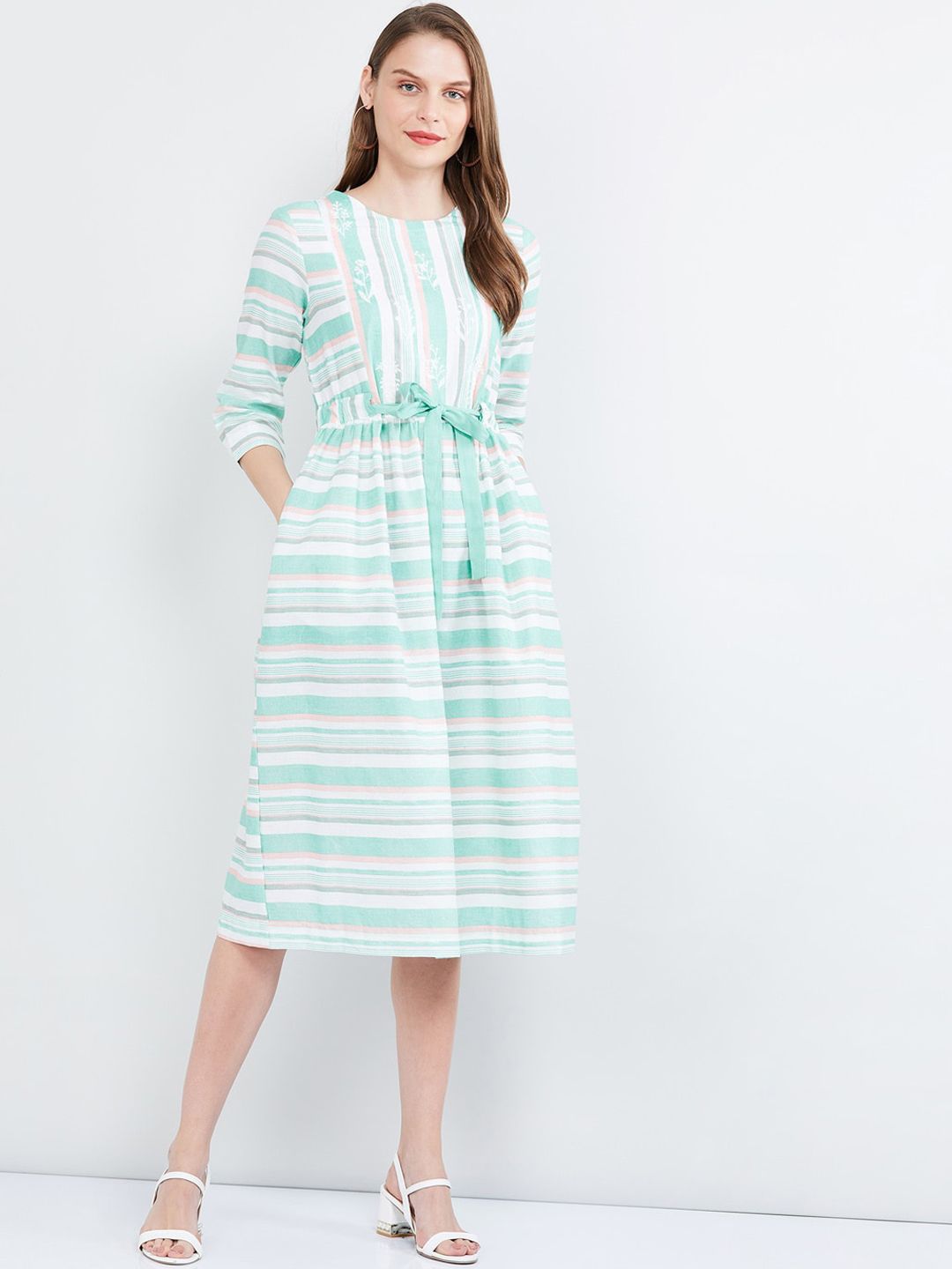 max Women Sea Green Striped Fit and Flare Dress