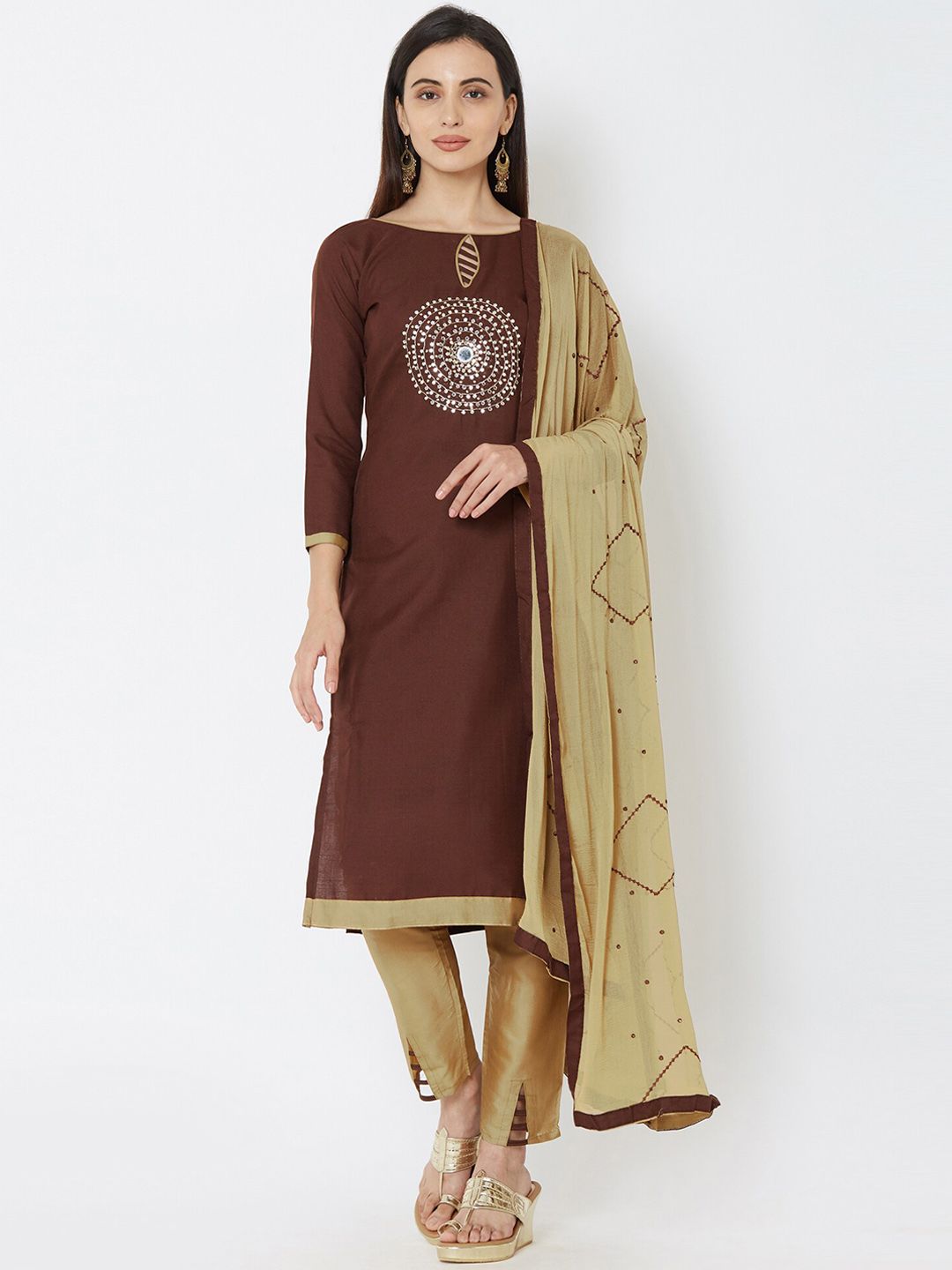 Satrani Brown & Beige Pure Cotton Unstitched Dress Material Price in India