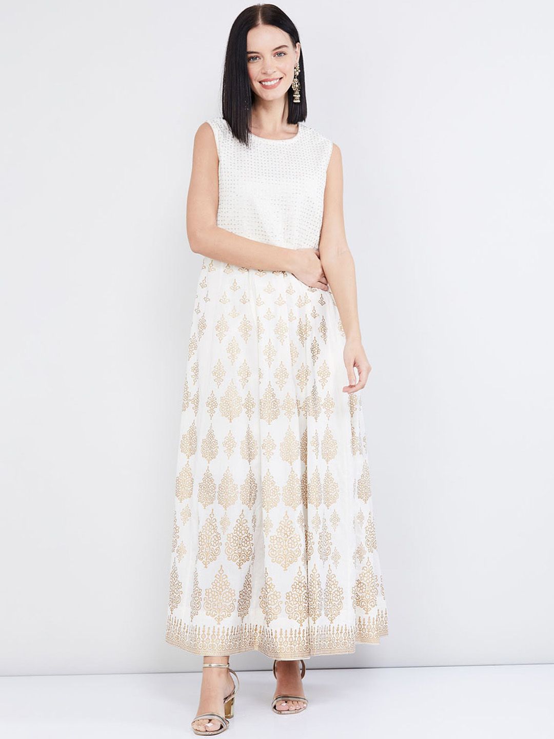 max Women Cream & Gold Printed Maxi Dress