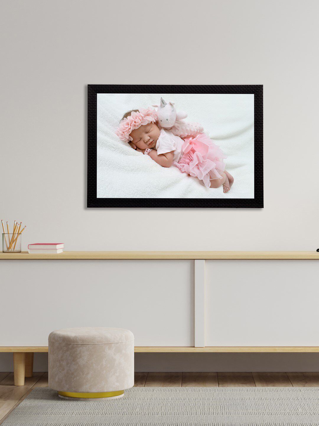 eCraftIndia White & Pink Cute Baby Satin Matt Textured UV Wall Art Painting Price in India