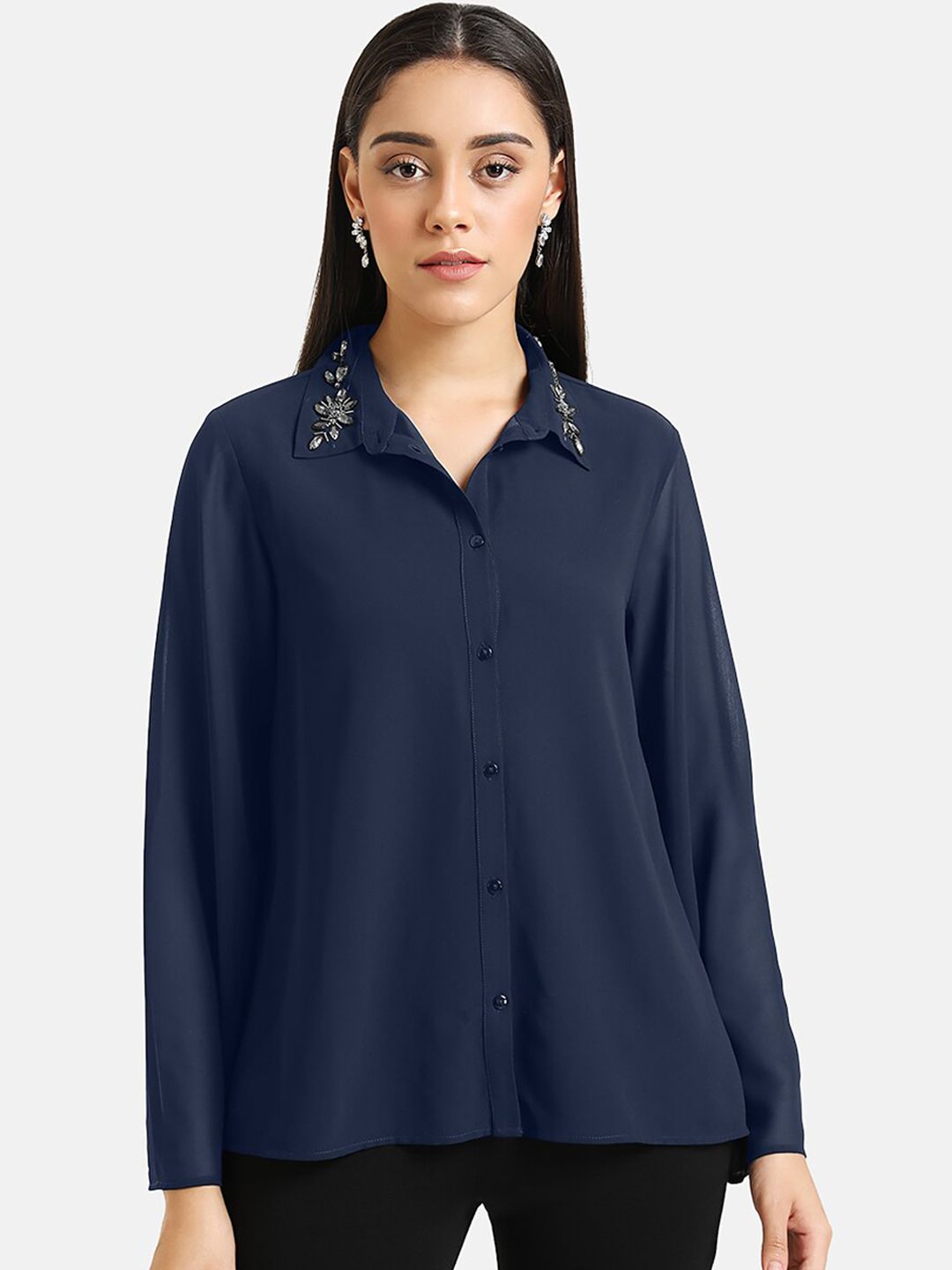 Kazo Women Navy Blue Solid Embellished Shirt