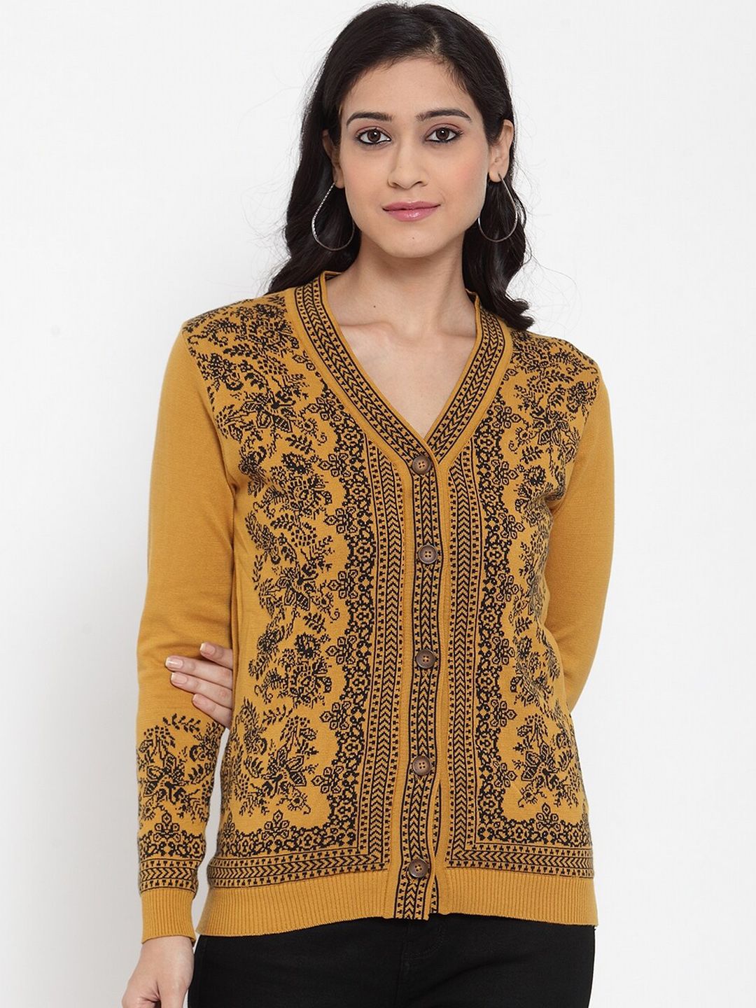 Kalt Women Mustard Yellow & Black Self Design Cardigan Sweater Price in India