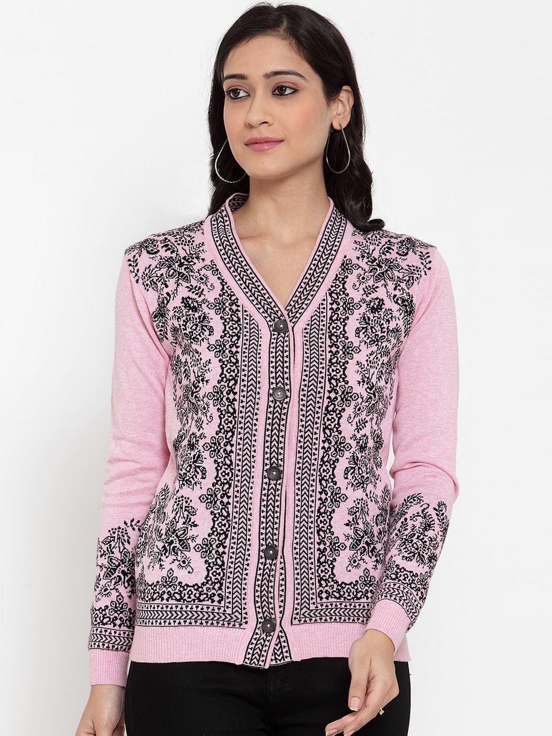 Kalt Women Pink & Black Floral Embroidered Front-Open Sweater Price in India