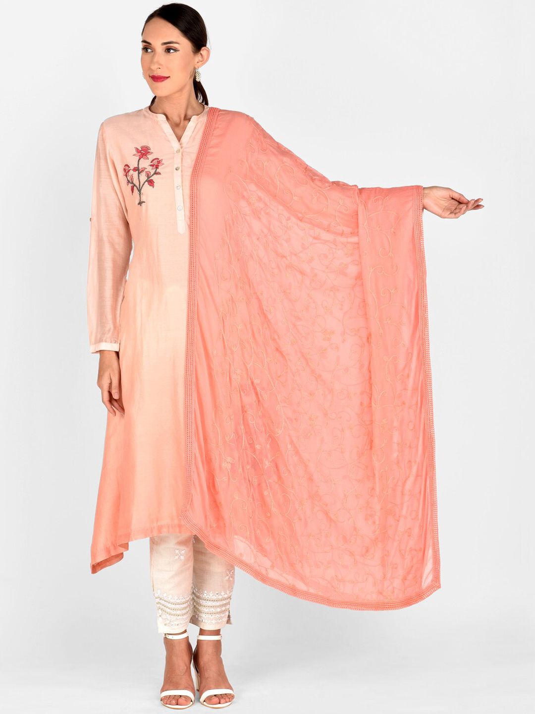 Dupatta Bazaar Peach-Coloured Embroidered Dupatta Price in India