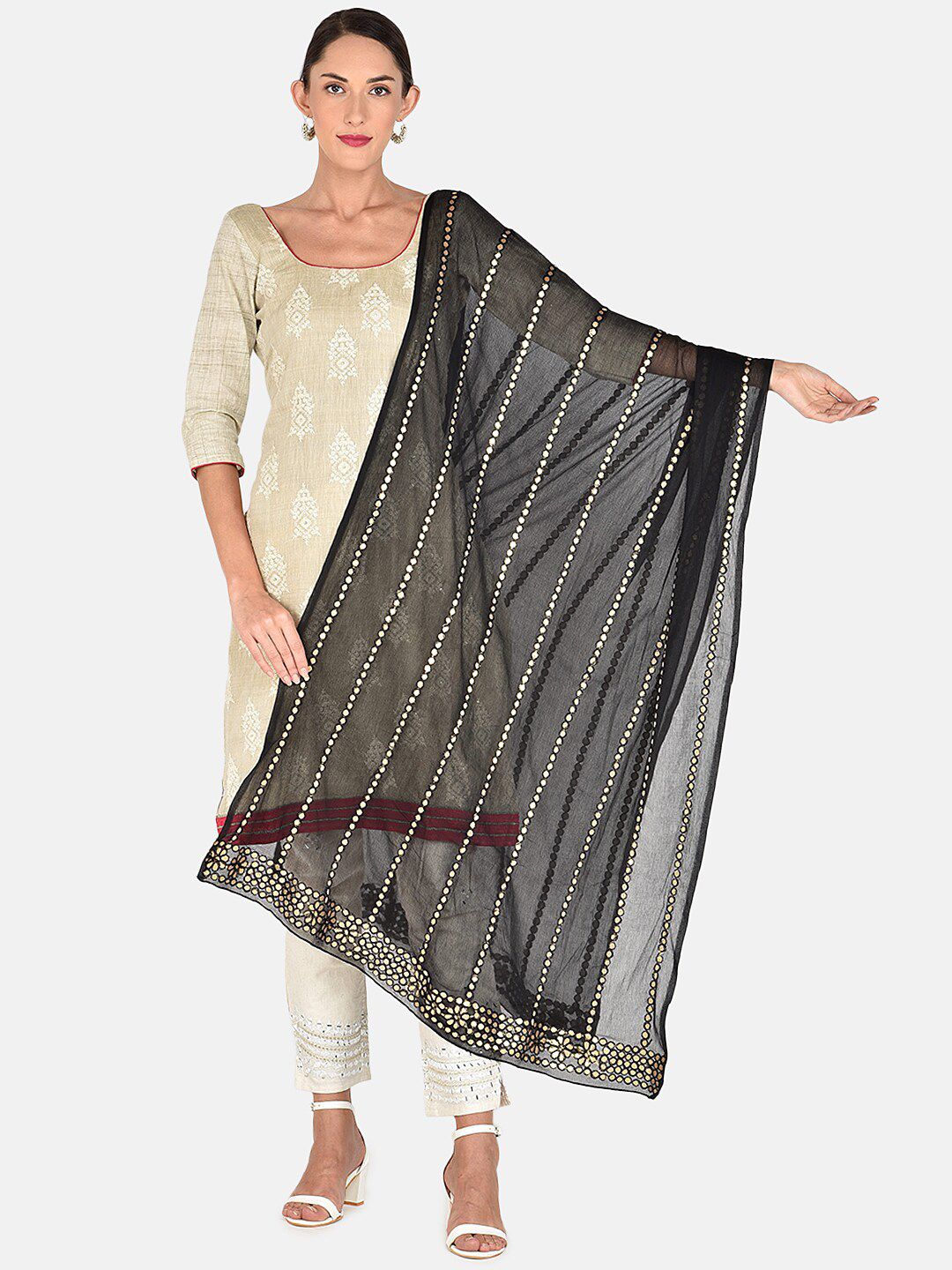 Dupatta Bazaar Black & Gold-Coloured Gotta Patti Embroidered Dupatta Price in India