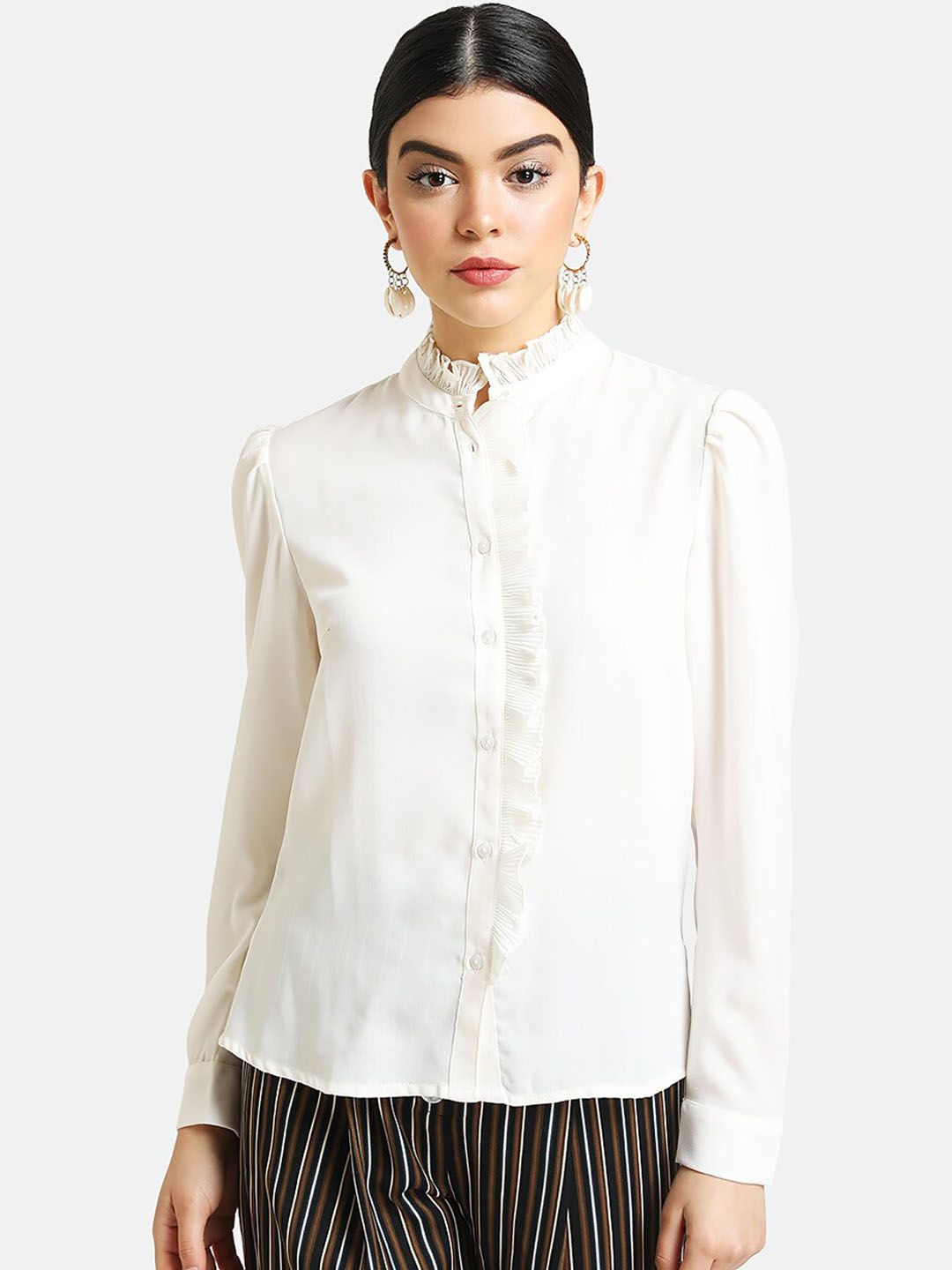 Kazo Women Off-White Regular Fit Solid Casual Shirt with Ruffle Detail