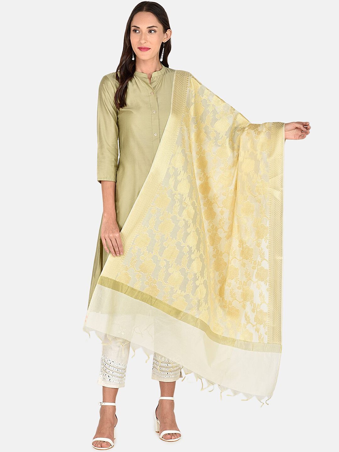 Dupatta Bazaar Cream-Coloured & Gold-Coloured Woven Design Banarasi Dupatta Price in India