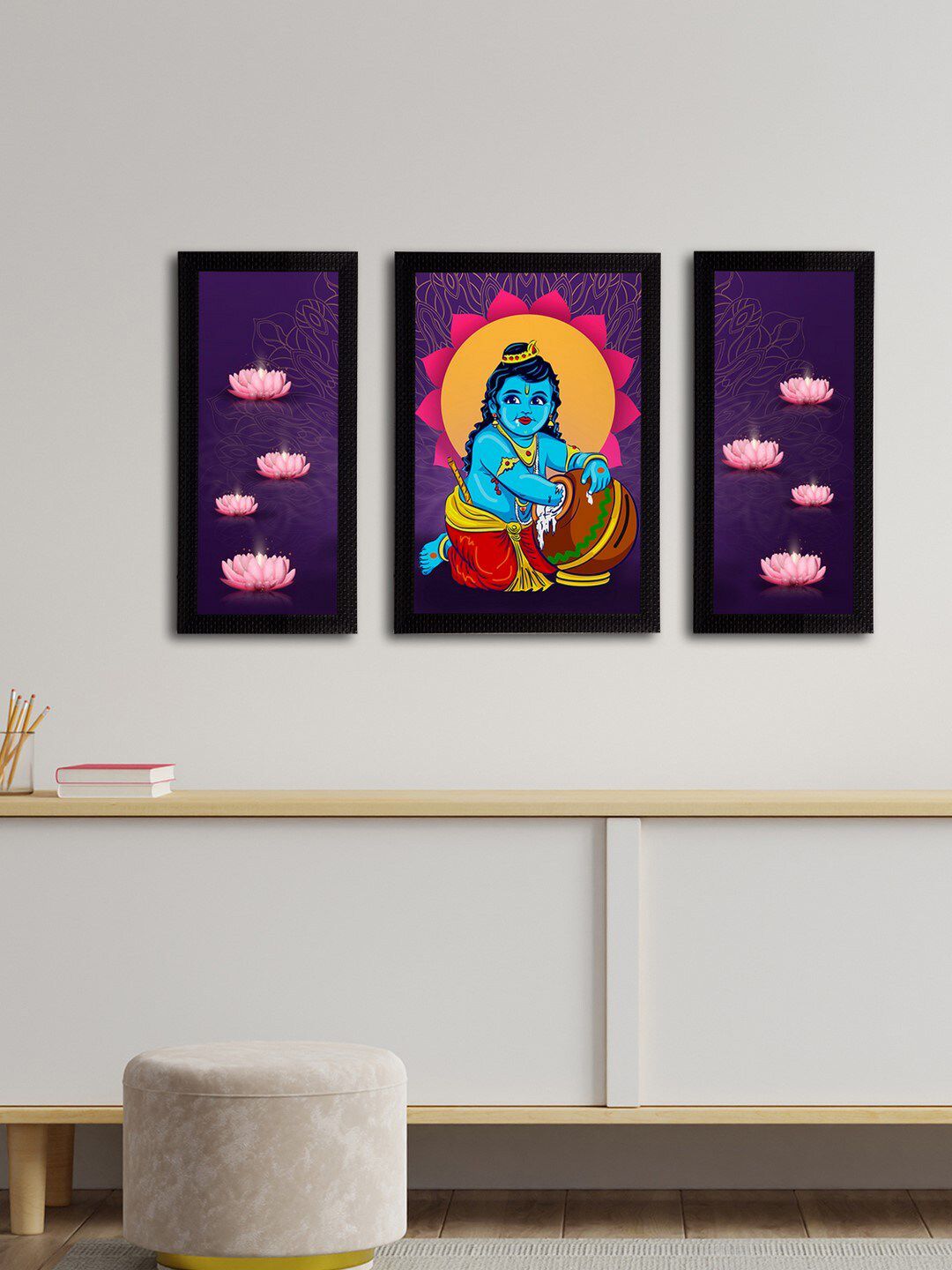 eCraftIndia Set of 3 Purple & Blue Lord Krishna Satin Matt Textured UV Wall Arts Price in India