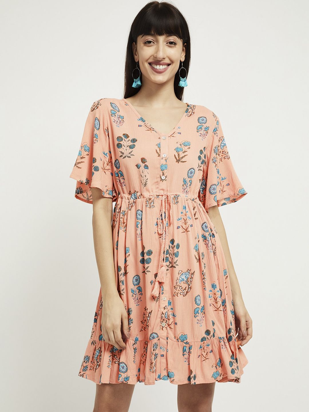 max Women Peach-Coloured Printed Fit and Flare Dress