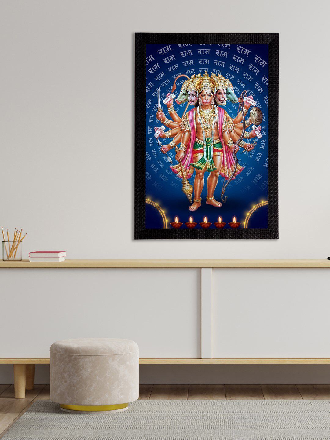 eCraftIndia Blue & Beige Panch Mukhi Lord Hanuman Satin Matt Texture UV Art Painting Price in India