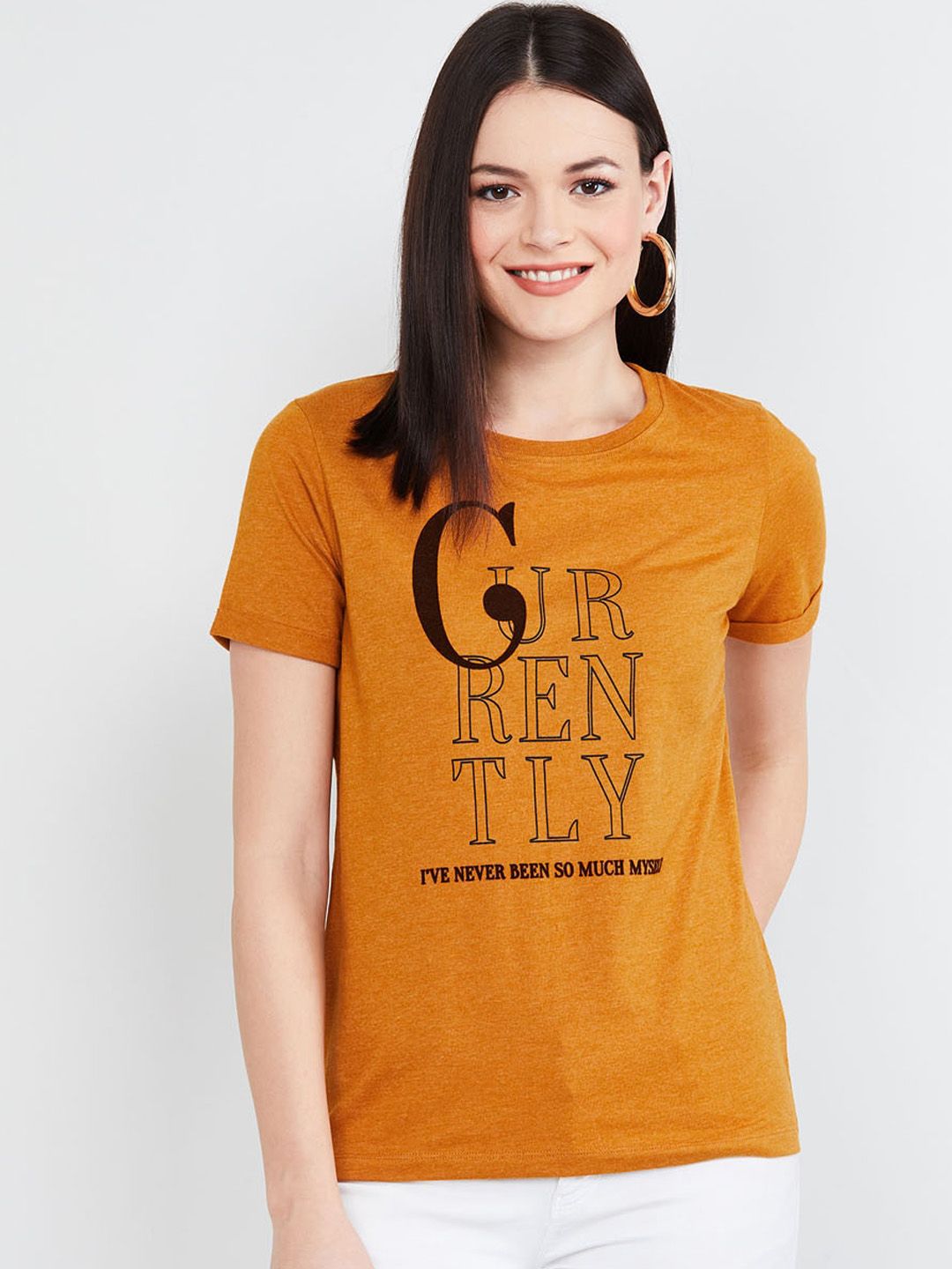 max Women Rust Printed Round Neck T-shirt