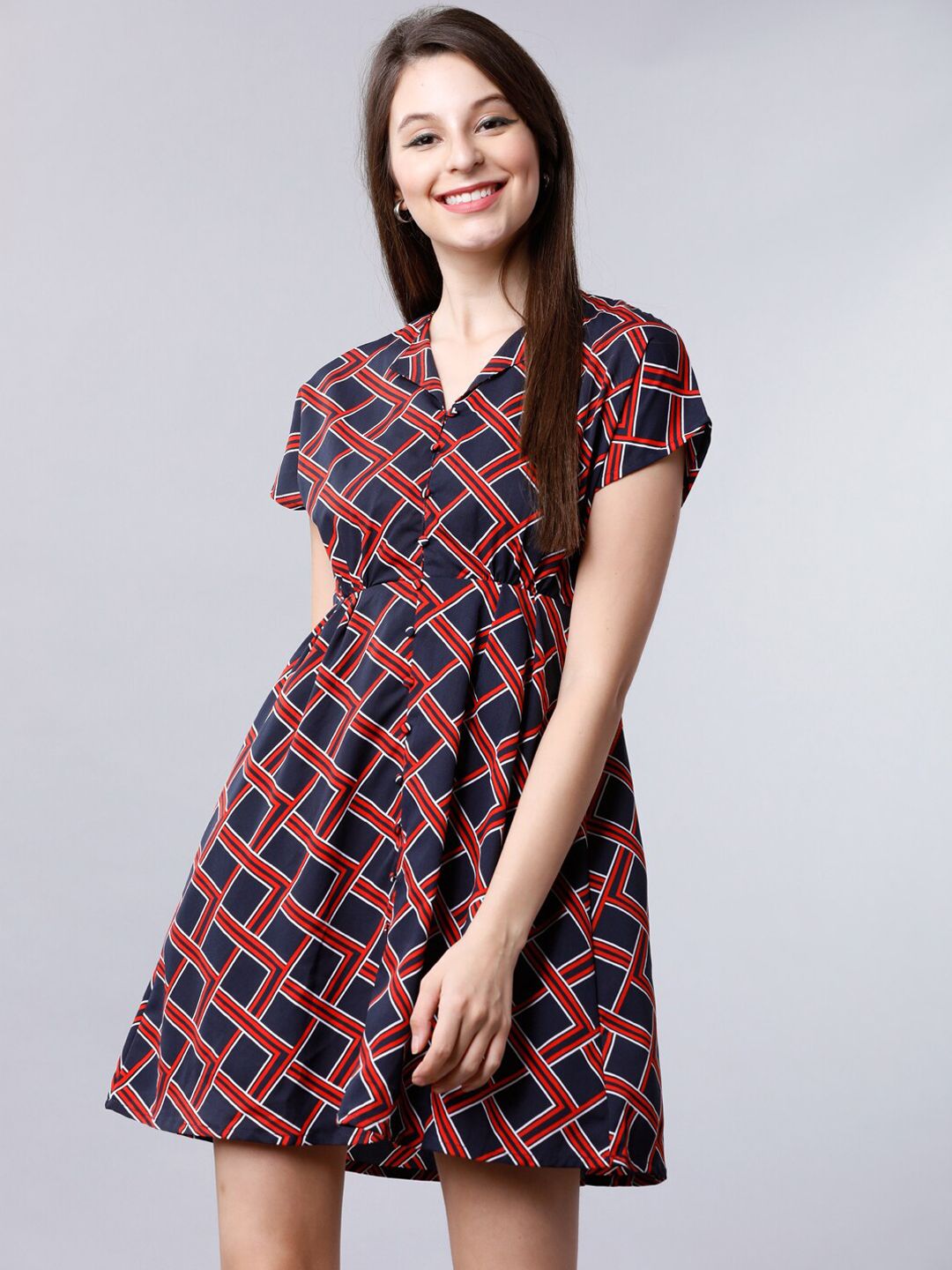 Tokyo Talkies Women Navy Blue & Red Printed Fit and Flare Dress