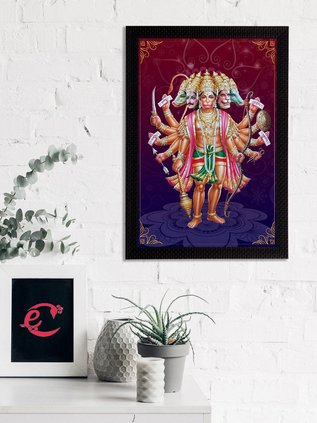 eCraftIndia Blue & Burgundy Panch Mukhi Lord Hanuman Satin Matt Texture UV Art Painting Price in India