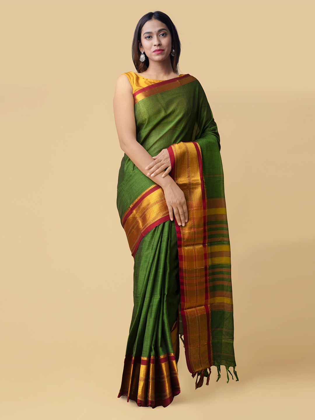 Unnati Silks Green & Gold Pure Cotton Solid Narayan Peth Saree