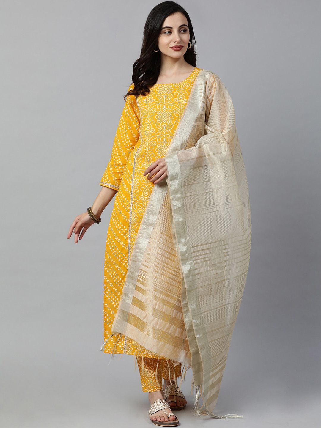 Indo Era Women Yellow & White Printed Kurta with Trousers & Dupatta Price in India