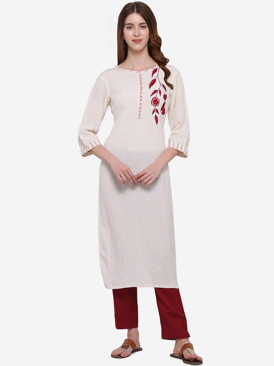 Kvsfab Women Off-White & Maroon Embroidered Kurta with Trousers